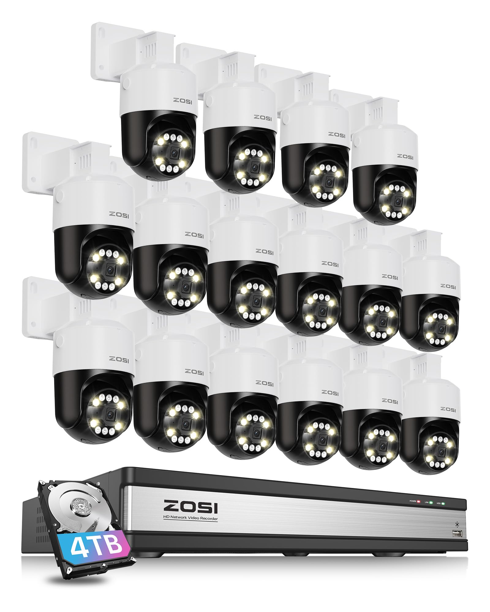 ZOSI 16CH 4K 8MP PoE Security Camera System with AI Face Person Vehicle Detection, 16 x 5MP 3K Outdoor Auto Tracking PT PoE IP Camera with 5X Digital