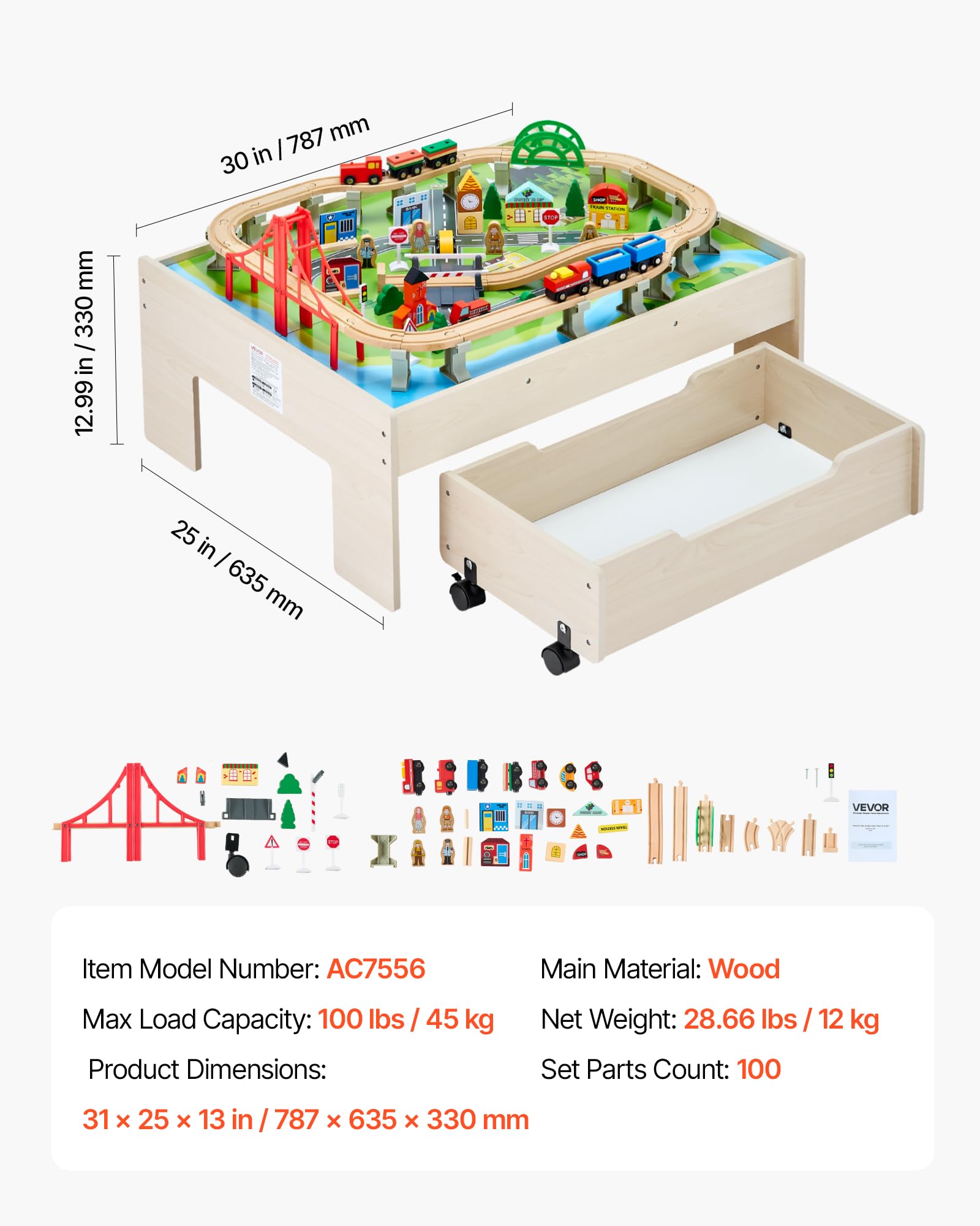 VEVOR Holz Aktivitätstisch, 100-teilig, Eisenbahntisch mit rollender Schublade, 3-in-1-Holzeisenbahn-Set zum Spielen, Malen, Lesen, Essen, kreatives Spielzeug-Set für Kinder ab 3 Jahren