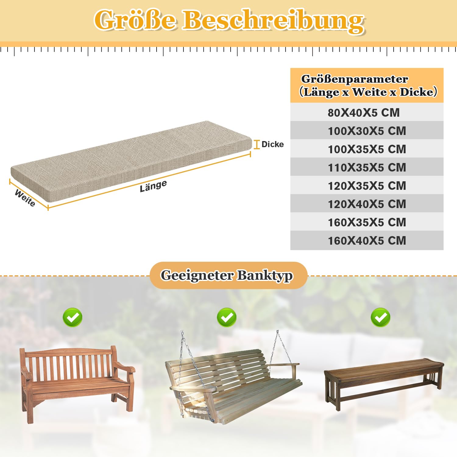 Kimgull Bankauflage Sitzkissen Bank Auflage Ersatzpolster Schwamm Bankkissen Mit Reißverschluss Abnehmbarem Schlippabsicher Stuhlkissen Für Schaukeln Fensterbank (100X30X5CM Taupe)