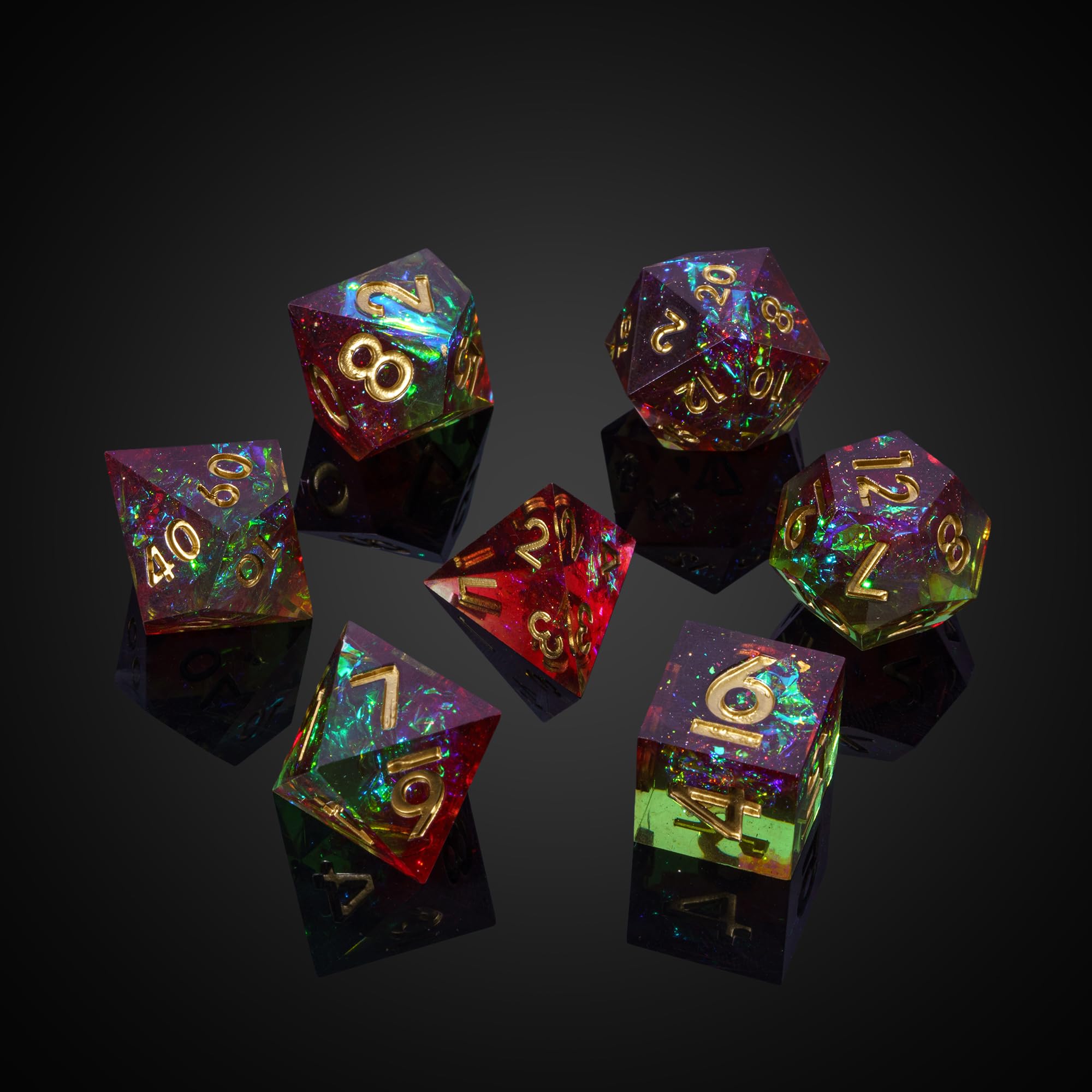 Zestaw 7 ręcznie robionych kości do gry planszowej Dungeons and Dragons (DnD) Pathfinder, w zestawie pudełko prezentowe (zielono-czerwony)
