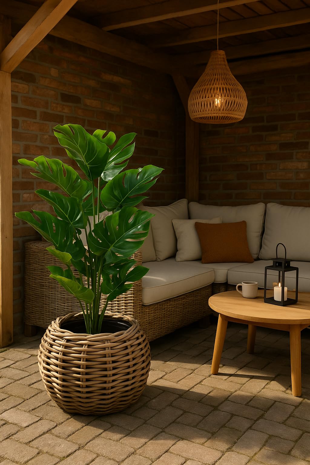 Rattan Drypot Kugel - ø 45 x 34 cm - Runder Pflanztopf - Nachhaltiger Pflanztopf mit recyceltem wasserdichtem Kunststoff-Innenbehälter - Blumentöpfe für Innen - Pflanzenkörbe - Pflanzenhalter - Grau
