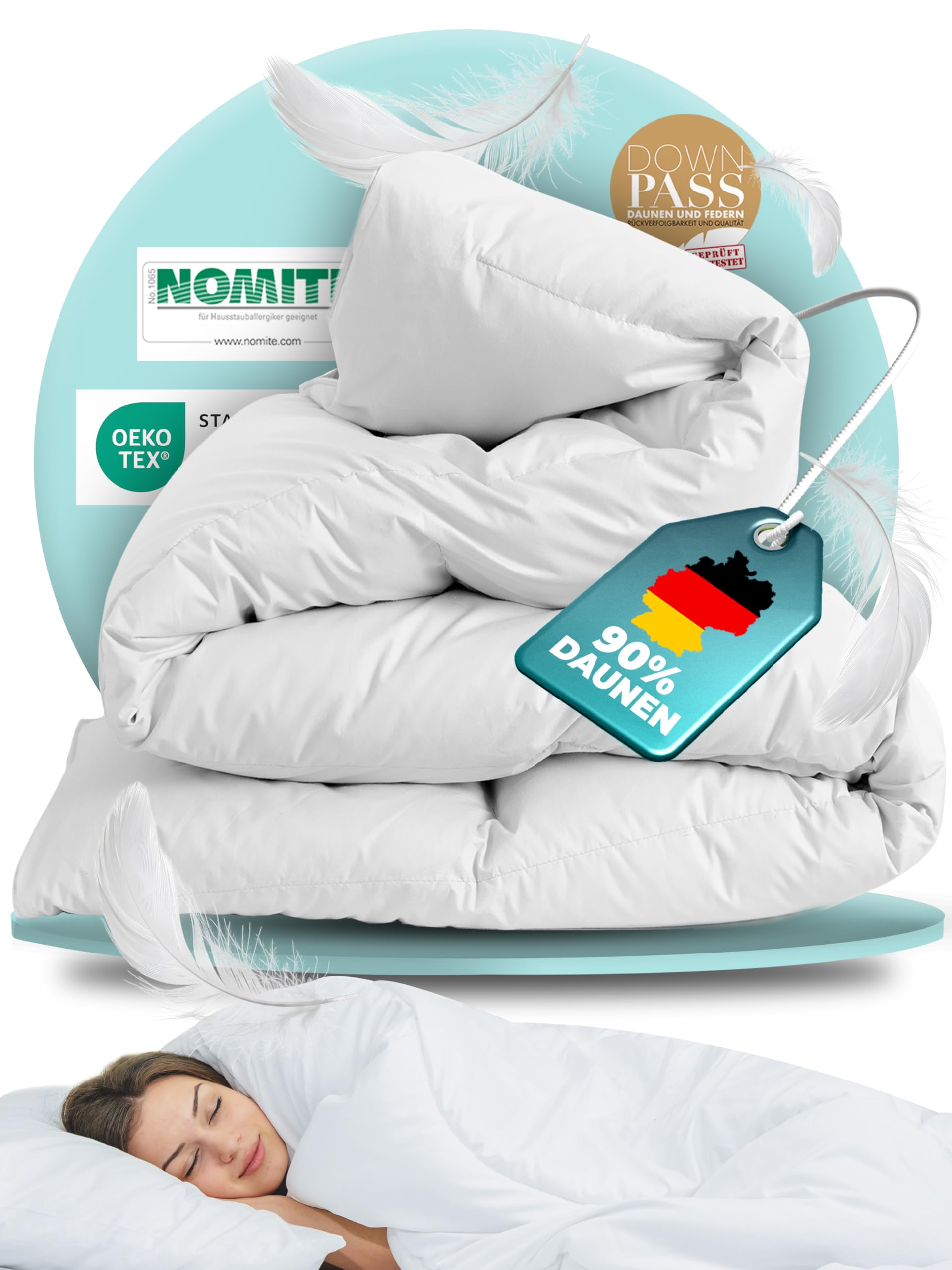 BEFA NATUR Daunendecke Ganzjahr 200x220 cm | 90% Daunen & 10% Federn | 1010g Füllgewicht | Allergiker geeignet (NOMITE) | Tierwohl Zertifiziert (DOWNPASS) | Oeko-TEX Klasse 1 | Made in Germany