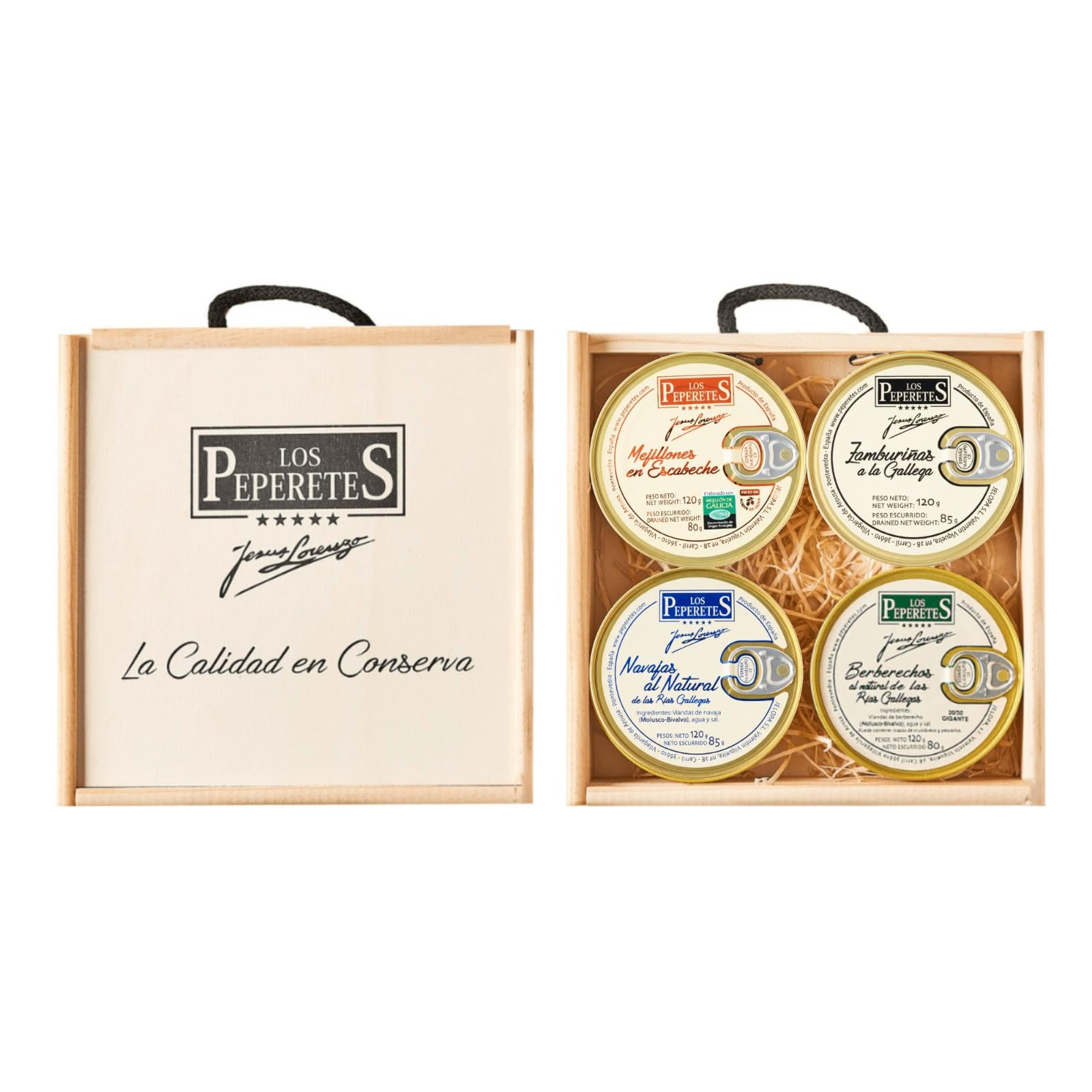 LOS PEPERETES Caja 4 Latas Gourmet | Berberechos al Natural, Mejillones Escabeche, Navajas al Natural y Zamburiñas | Regalo, Lote Conservas Artesanal de Galicia