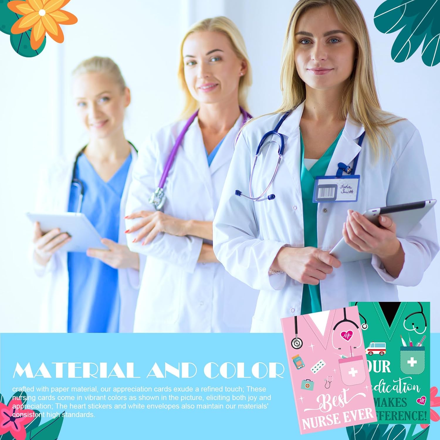 Eaasty 100 Sets Nurses' Day Cards with Stickers and Envelopes Blank Inside Funny Card 5 Style Greeting Card Designs