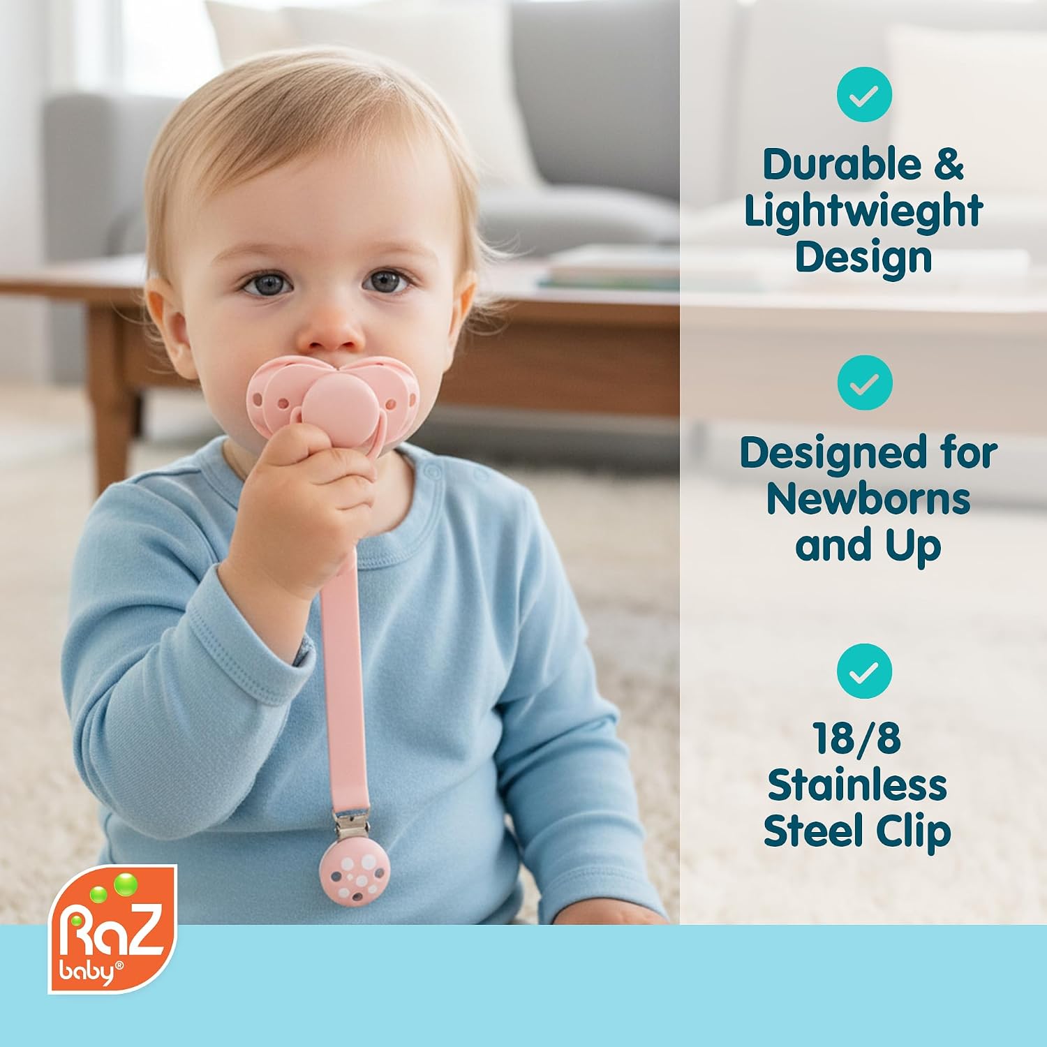 RaZbaby Chompy Silicone Pacifier Holder Clip Set – 2 Pack Textured, Soft & Flexible Binky Clips with Universal Fit, BPA-Free, Durable & Lightweight for Babies 0M+, Red/Green – 2 Pack (Red/Blue)