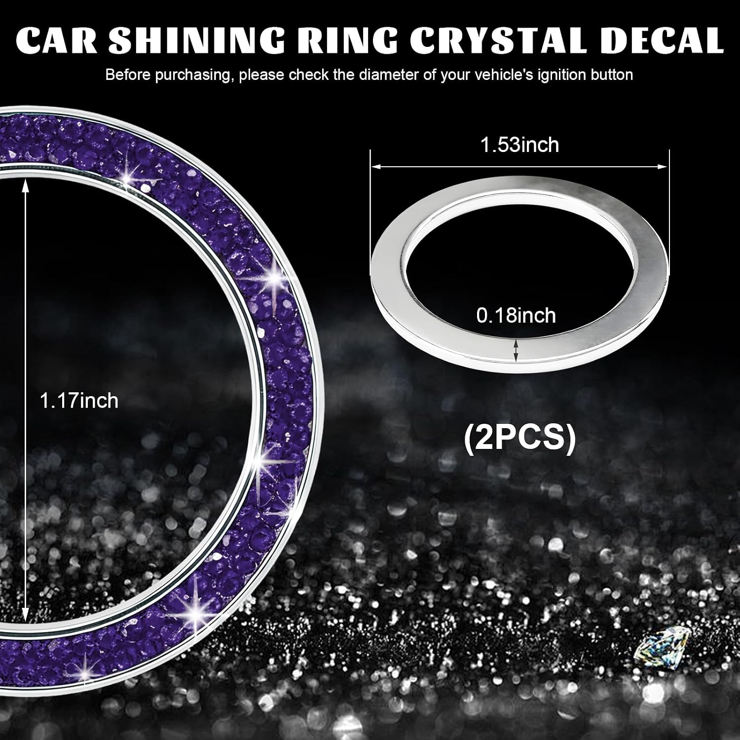 2 PCS Car Bling Ring Sticker, Sparkling Double Rhinestone Auto Ignition Knob Ring Decal, Shiny Crystal Push to Start Button Cover Sticker Engine Decoration for Women Men Girls (Purple) image 2