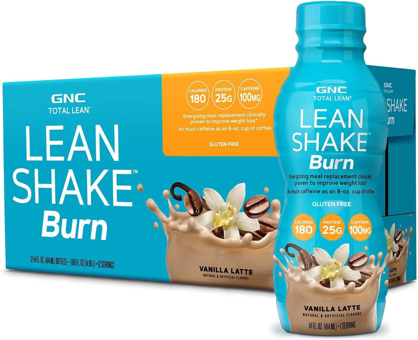 GNC Lean Shake Burn With Caffeine, Clinically Proven Weight Management, Ready to Drink Meal Replacement, 25g Protein with Zero Added Sugar, Vanilla Latte, Pack of 12