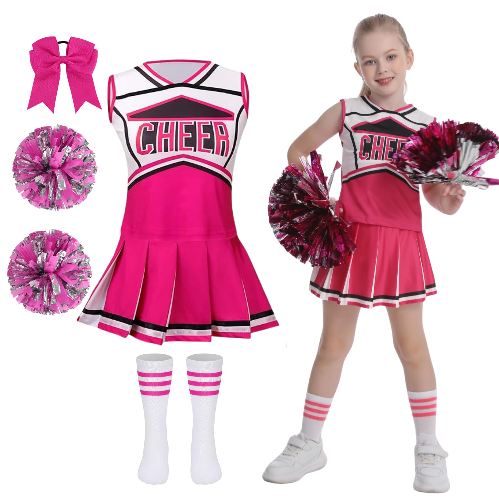 DELIVESS Cheerleader Costum for Girls Cheerleading Outfit Kids School Cheer Uniform 5 Pcs Set for Halloween Party Dress up 12-14 Years (160, Rose Red)