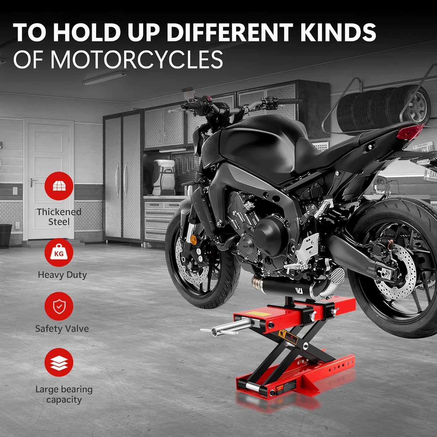 Motorcycle Scissor Lift Jack - Heavy-Duty 1100lbs Capacity Motorcycle Scissor Jack with Safety Pin & Saddle, Scissor Lifts for ATV/Dirt Bike Maintenance. (Bottom 6 Holes + Insert Pins)