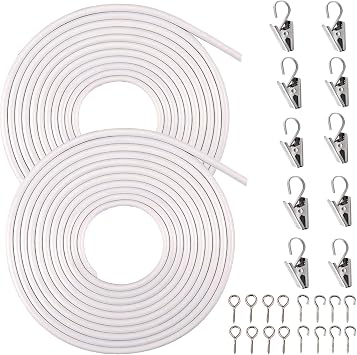 2 Pack 3-Meter White Curtain Wire Kits with 10 Stainless Steel Curtain Clips and Screw Eyes & Hooks