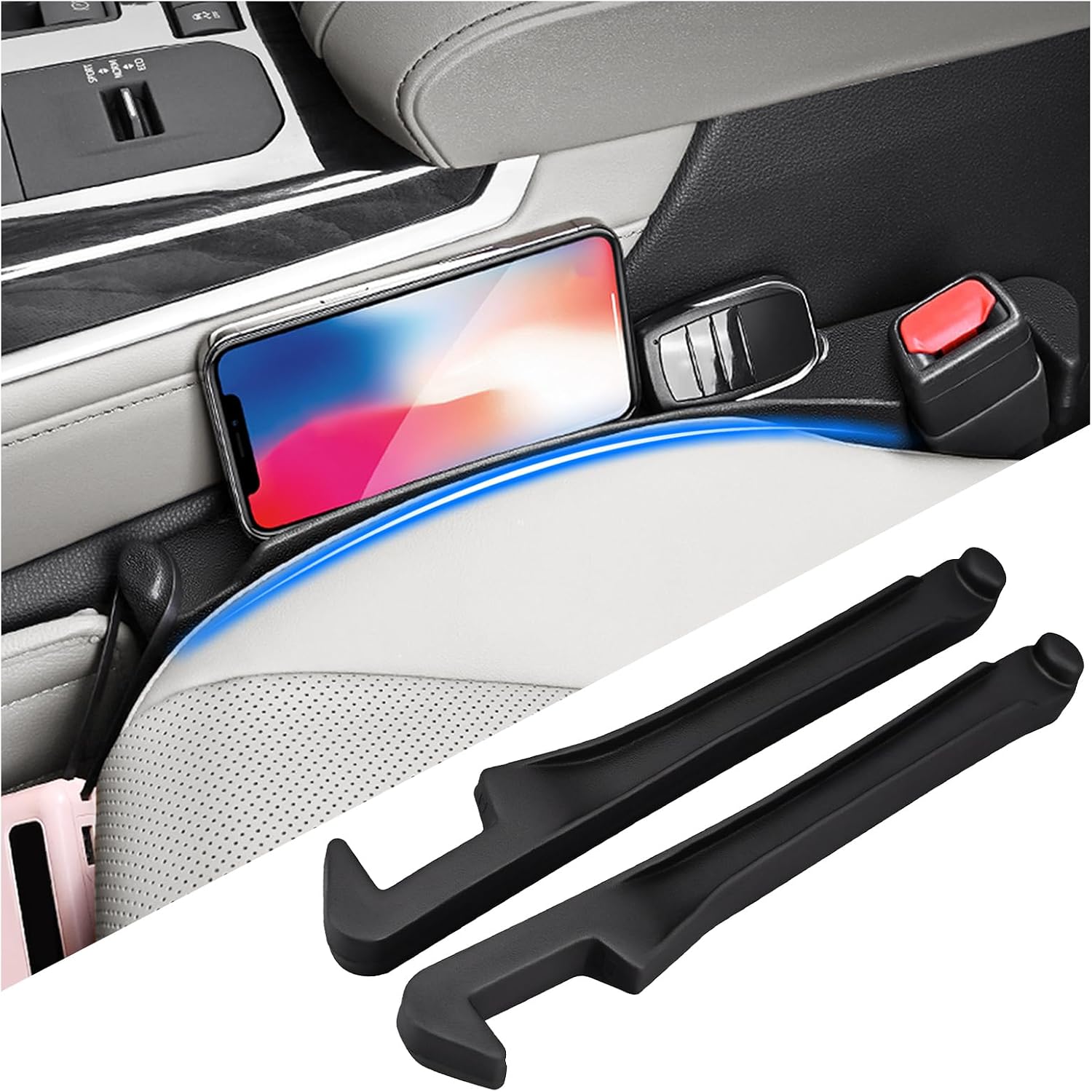2PCS Car Seat Gap Filler,Upgraded 3 in 1 No Drop Seat Guard for Cars with Hook and Car Phone Holder Design,Universal Cars Seats Spacer Gap Filler for Double-Sided Use