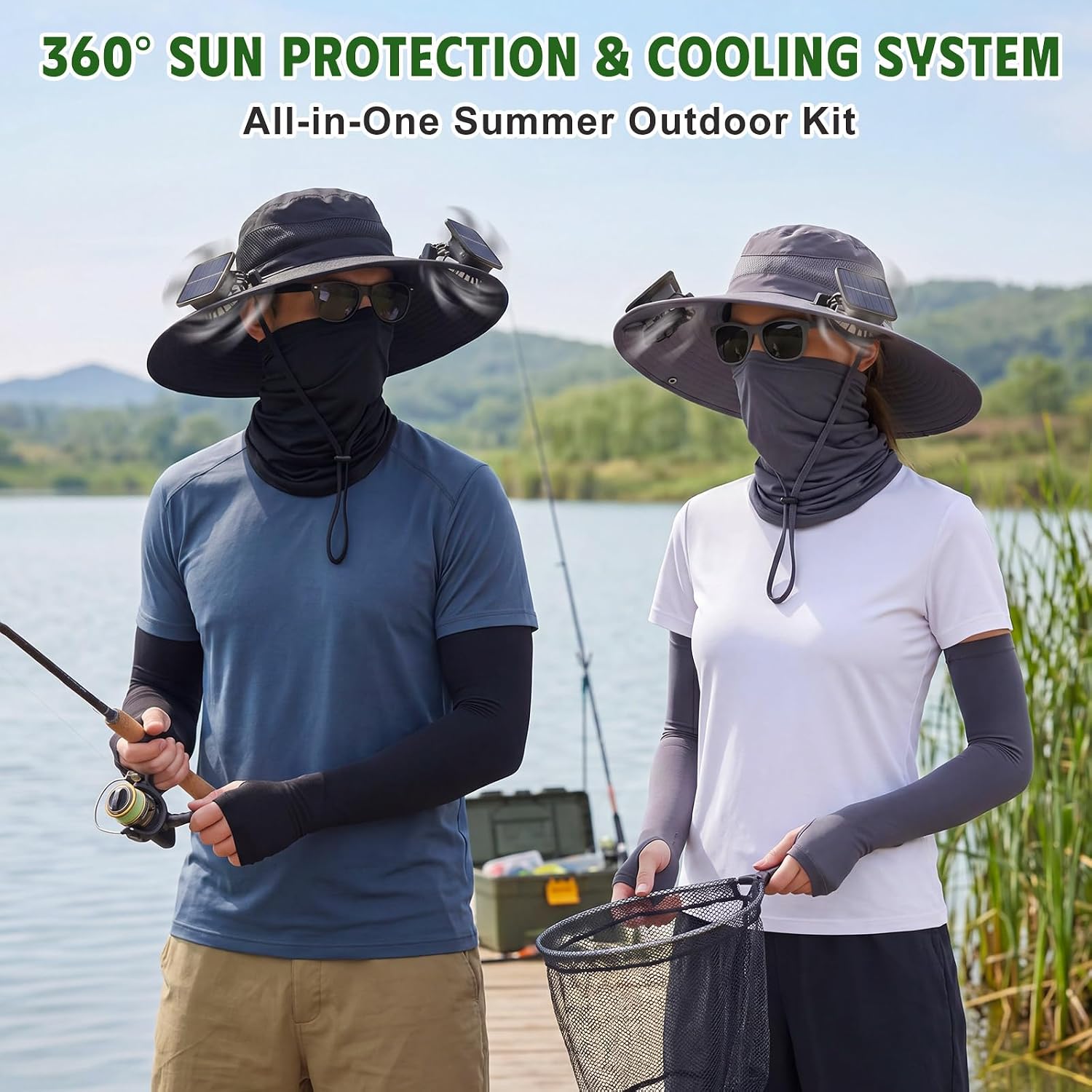 Syhood Solar Fan Hat with Cooling Neck Gaiter Sleeves Wide Brim Sun Hat USB & Solar Powered UPF 50 Sun Protection for Outdoor
