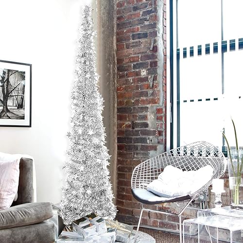 Miniatura 4 de Soporte de metal para árbol de Navidad artificial, árbol de Navidad de oropel con purpurina, árboles de Navidad plegables de 47 pulgadas con