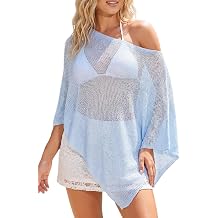 Women Sheer Knit Poncho Top Asymmetrical One Shoulder Mesh Crochet Bolero Shrug Shawl Beach Cover Ups