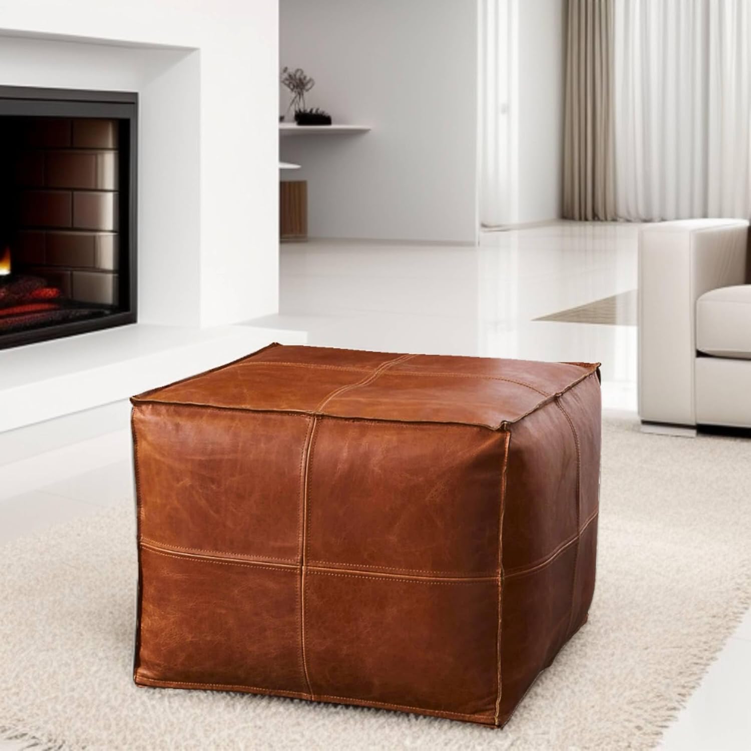 Handmade Square Moroccan Leather Ottoman Pouf, Genuine Handcrafted Leather Footstool, Dark Brown Storage Ottoman Coffee Table, Living Room Footrest, Bohemian Seating Décor (14D × 14W × 14H inches)