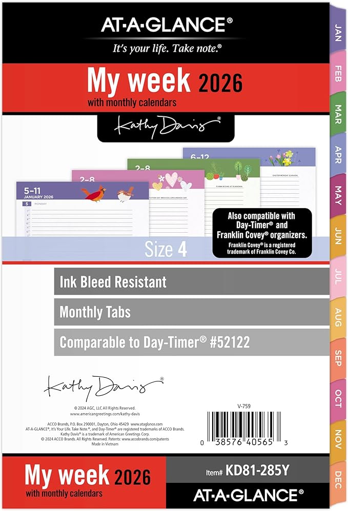 AT-A-GLANCE 2026 Planner Refill, Weekly & Monthly, 5.5" x 8.5", Size 4, Desk Size, 52122 Day-Timer, Kathy Davis (KD81-285Y-26)