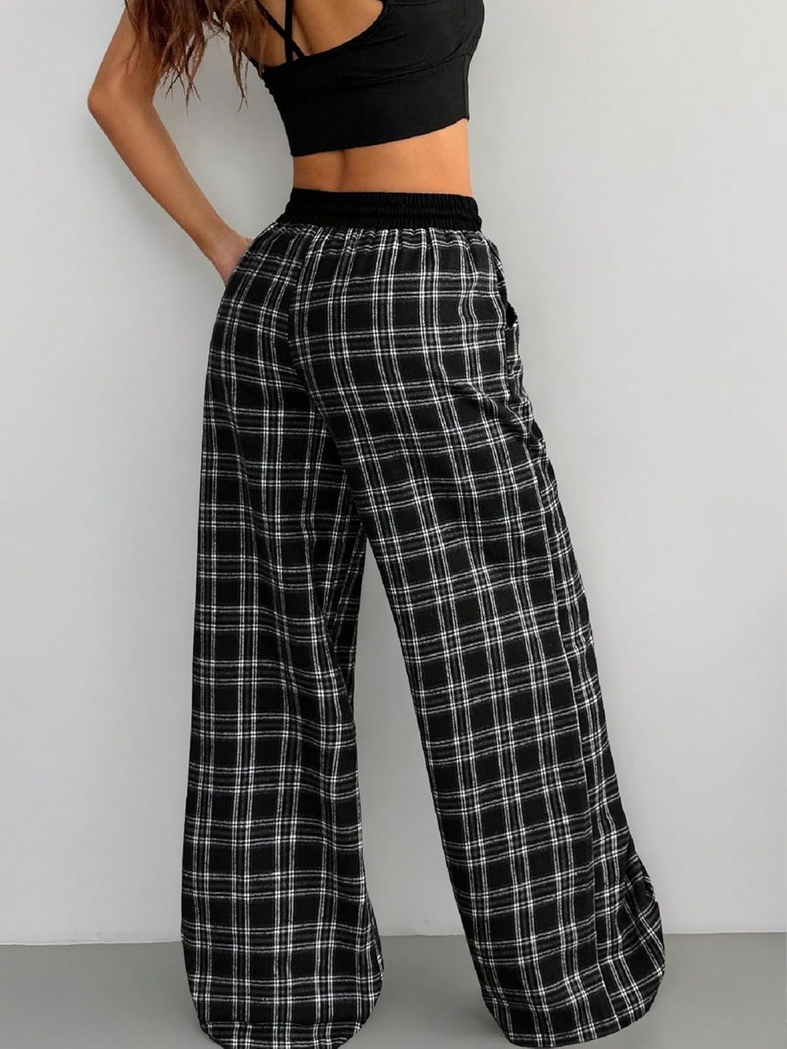 Women's Gingham Pants Plaid Casual Y2k Flannel Pajama Pants Wide Leg Baggy Pants Long Trousers with Pockets - Image 4