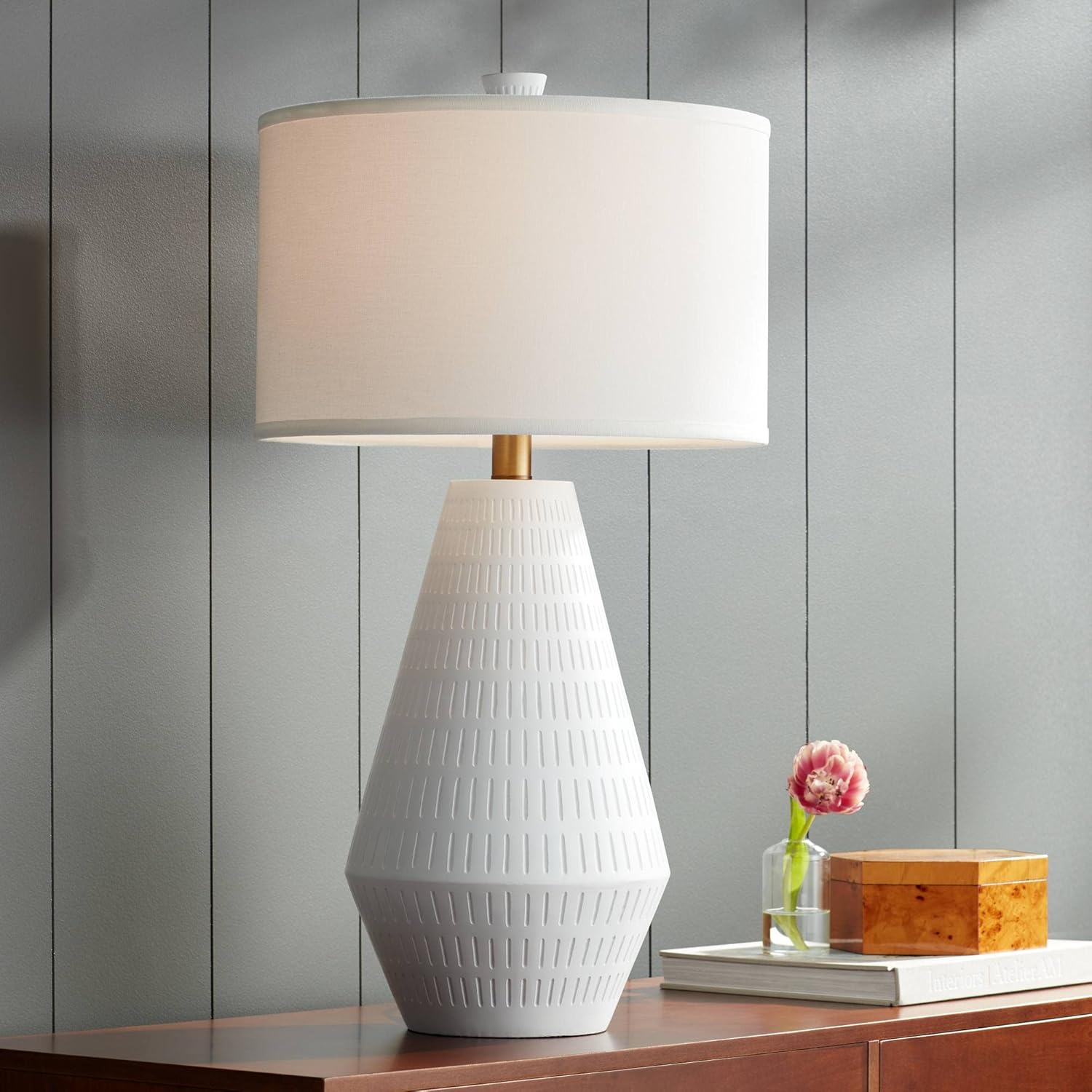 Possini Euro Design Luke 30" Tall Large Geometric Mid Century Modern Coastal End Table Lamp White Finish Single Fabric Shade Living Room Bedroom Bedside Nightstand House Office Home Reading