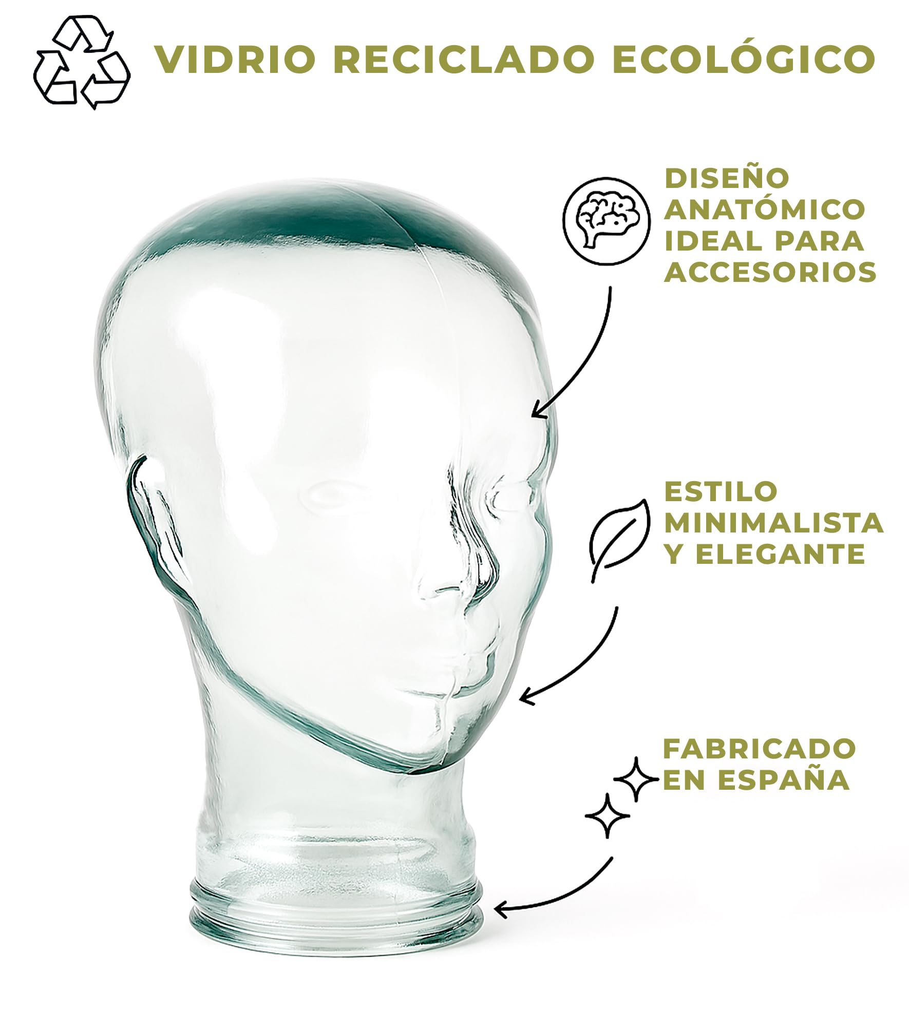 Cabeza maniquí Decorativa. Cabeza de Vidrio Reciclado. Expositor para Accesorios de Cristal. Soporte de Gorros, Gorras, Cascos y mas. Fabricado en Vidrio Reciclado. (Cabeza)