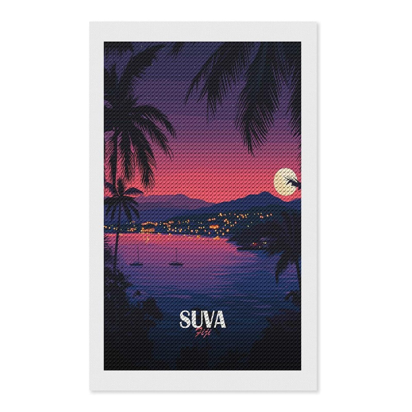 Junmoney SUVA Fiji Tropical Nightscape Illustration Diamond Painting Canvas Kit 12"x20", Adhesive Canvas, Christmas Gift, Full Kit Included, Thoughtful Present
