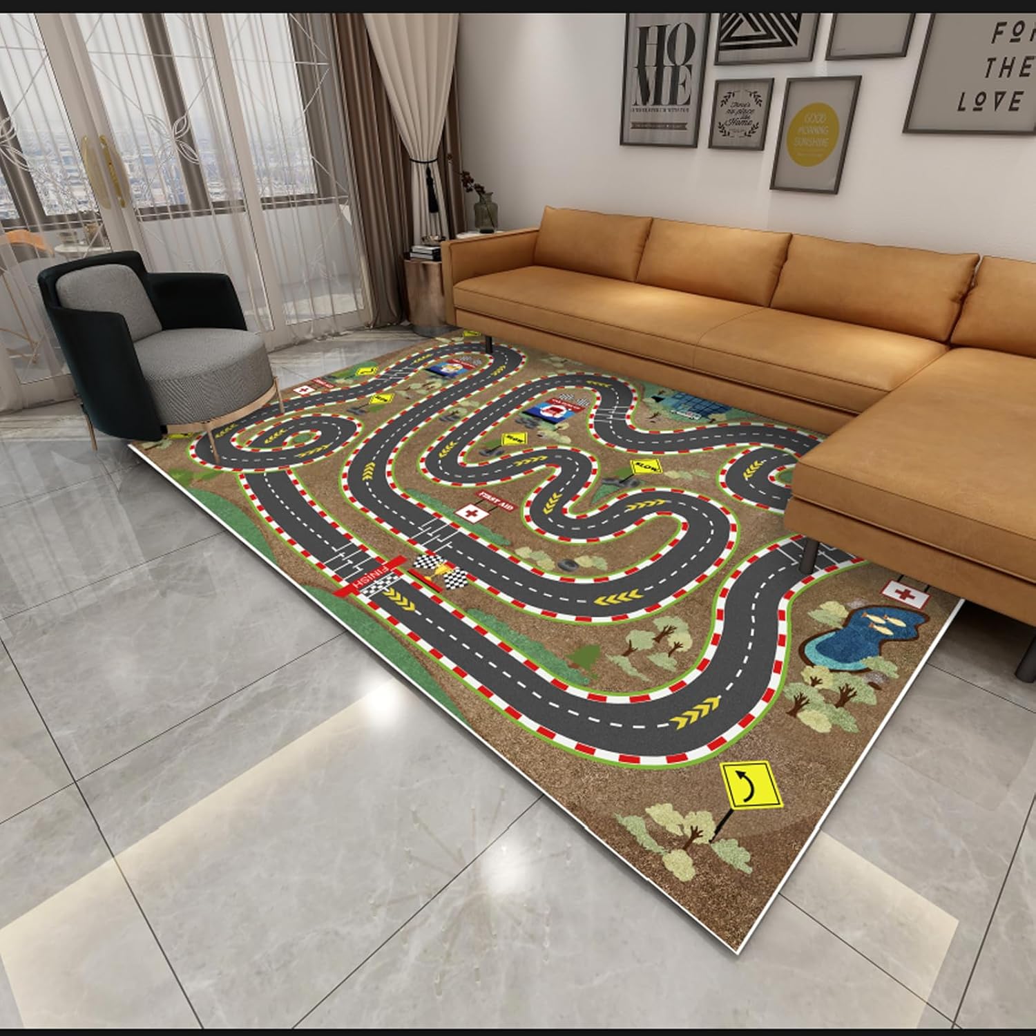 Kids Rug Car Rugs for Kids Toy Cars Play Mat City Life Road Rug for Cars Fun City Map for Carpet for Bedroom Boys (Sand Track, 39 * 59 inches)