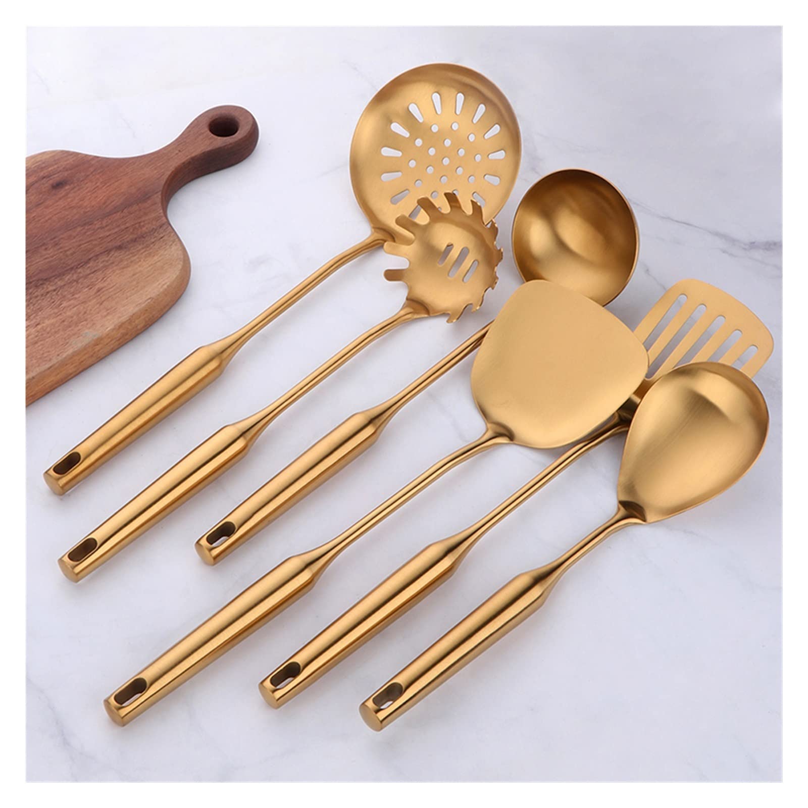 RWRAPS Küchenutensilien-Set mit langem Griff, Kochutensilien, Metallpolitur, Schlitz-Zubehör, Utensilien (D, 6-teilig)