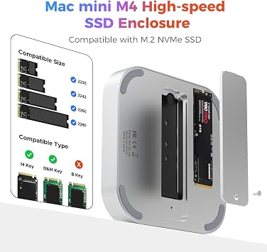 40Gbps M.2 NVMe SSD Enclosure for Mac mini M4/Pro, Designed for Always-on Setups, External Storage Upgrade, Supports up to 8TB, Compatible with Thunderbolt 4/3, USB4/3.2/3.0, Fits 2230/2242/2260/2280