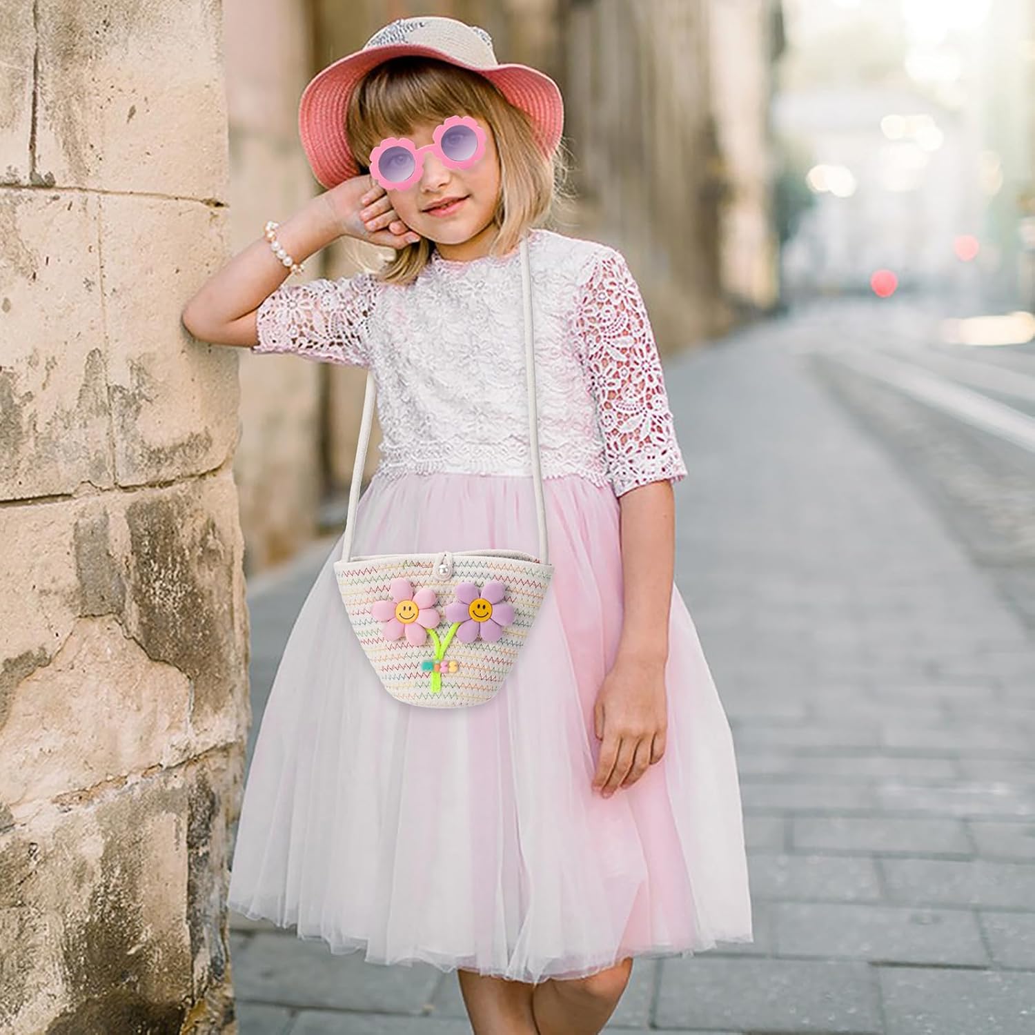 Little Girls Purse for Toddler, Kids Crossbody Bag with Sunglasses, Flower Girl Purse Woven Handbag - Image 2