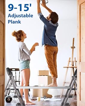 9-15Ft Telescoping Aluminum Work Plank 440 Lb Capacity, 12.5 Wide Scaffold Platform with Skid-Proof Surface, Adjustable Extension Board for Scaffolding, Roofing, Painting & DIY Projects