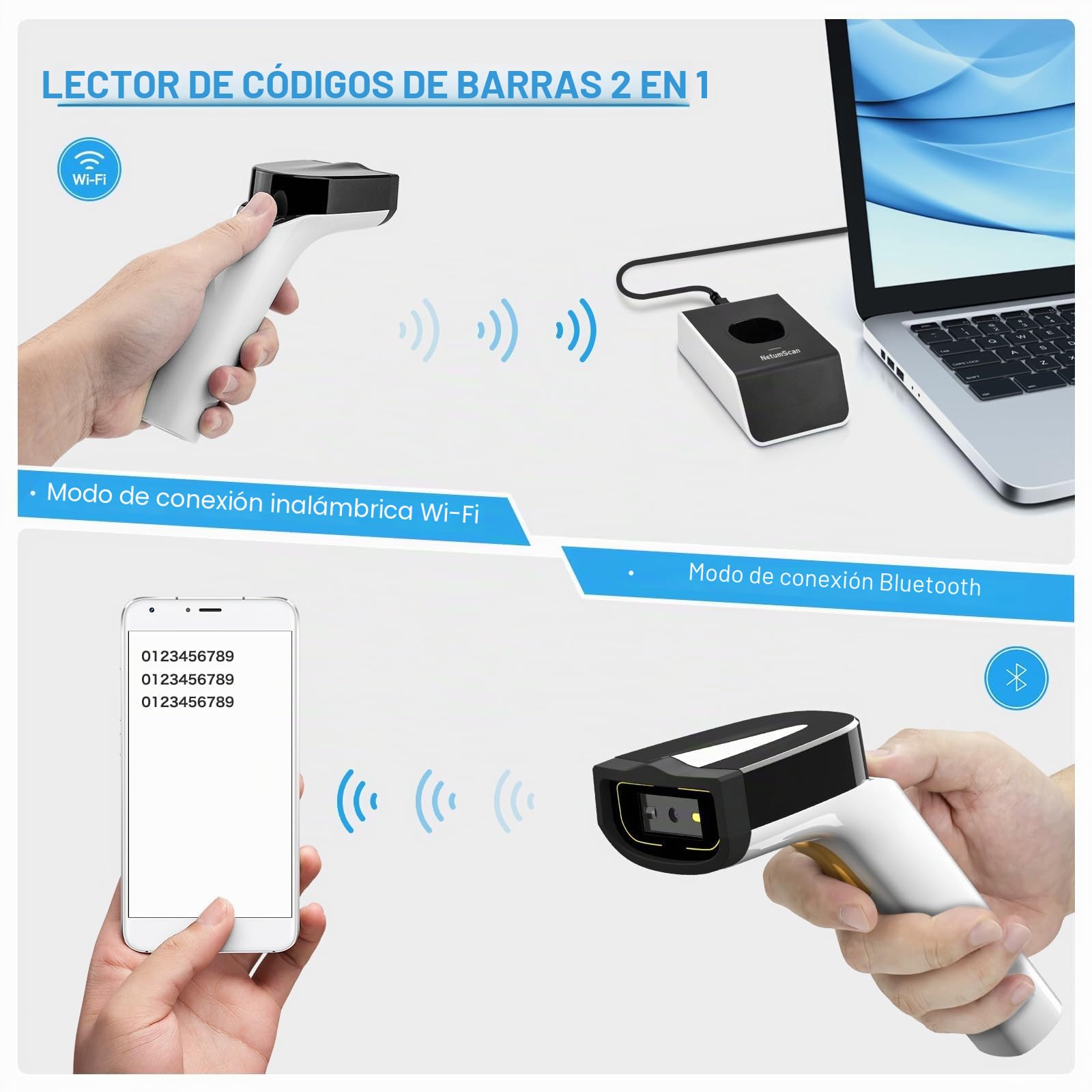 NetumScan Escáner automático de códigos 1D/2D y QR inalámbrico Bluetooth/Wi-Fi, TCP/UDP para gestión de inventario POS, compatible con computadora, tableta, iOS