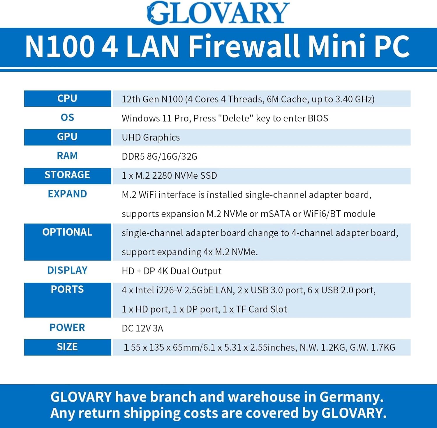 Mini PC Firewall N100, 4 x i226V 2.5GbE LAN OPNsense Router Hardware, DDR5 8GB RAM 128GB NVMe SSD, Fanless Micro Firewall Appliance, AES-NI, HD, DP, 8USB, TF Slot, Support 1 to 4 NVMe Board