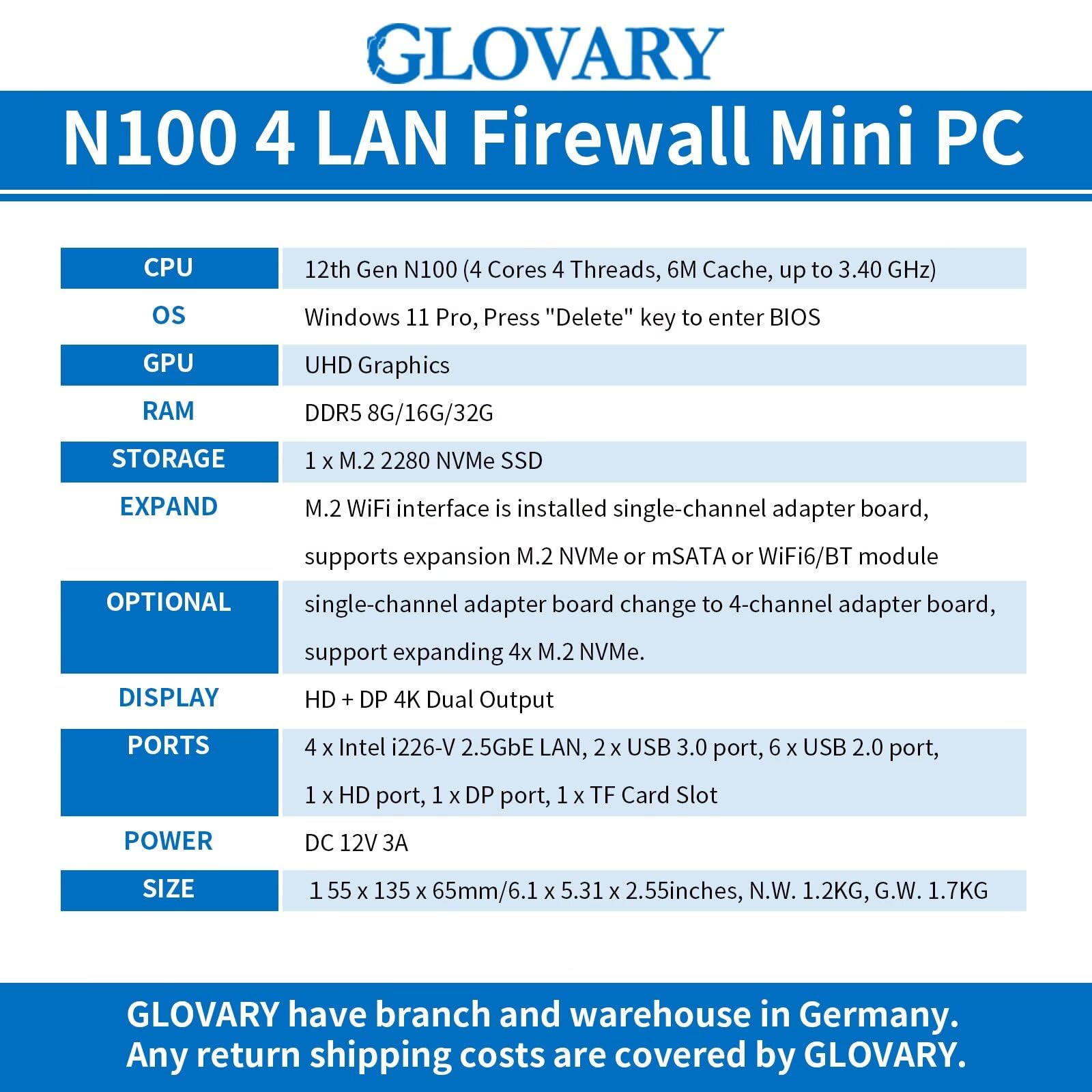 Mini PC Firewall N100, 4 x i226V 2.5GbE LAN OPNsense Router Hardware, DDR5 Barebone, Fanless Micro Firewall Appliance, AES-NI, HD, DP, 8USB, TF Slot, Support 1 to 4 NVMe Board