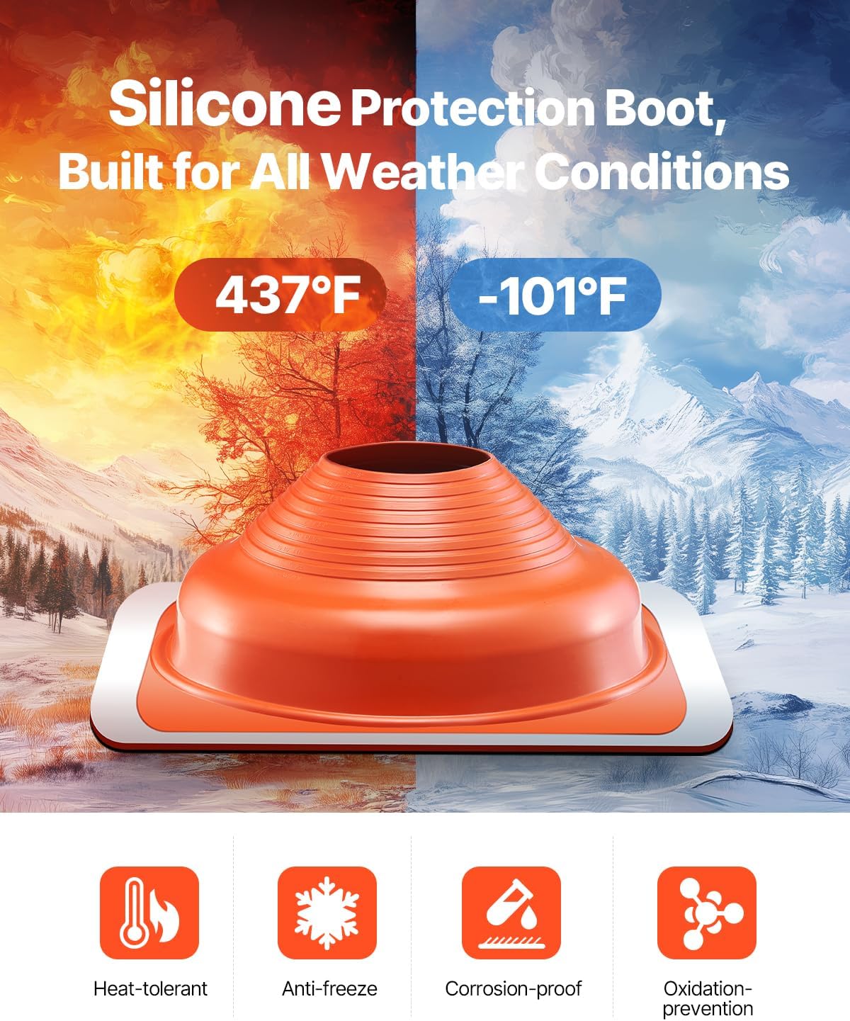VEVOR 2 PCs Roof Pipe Flashing Boots, Fit Pipe OD 6-1/4" - 11-3/4", Flexible Silicone Roofing Jack Pipe Flashing, High Temp -101℉ - 437℉, Square Metal Base, for Chimney, Wood Stove & Outdoor Vent Pipe