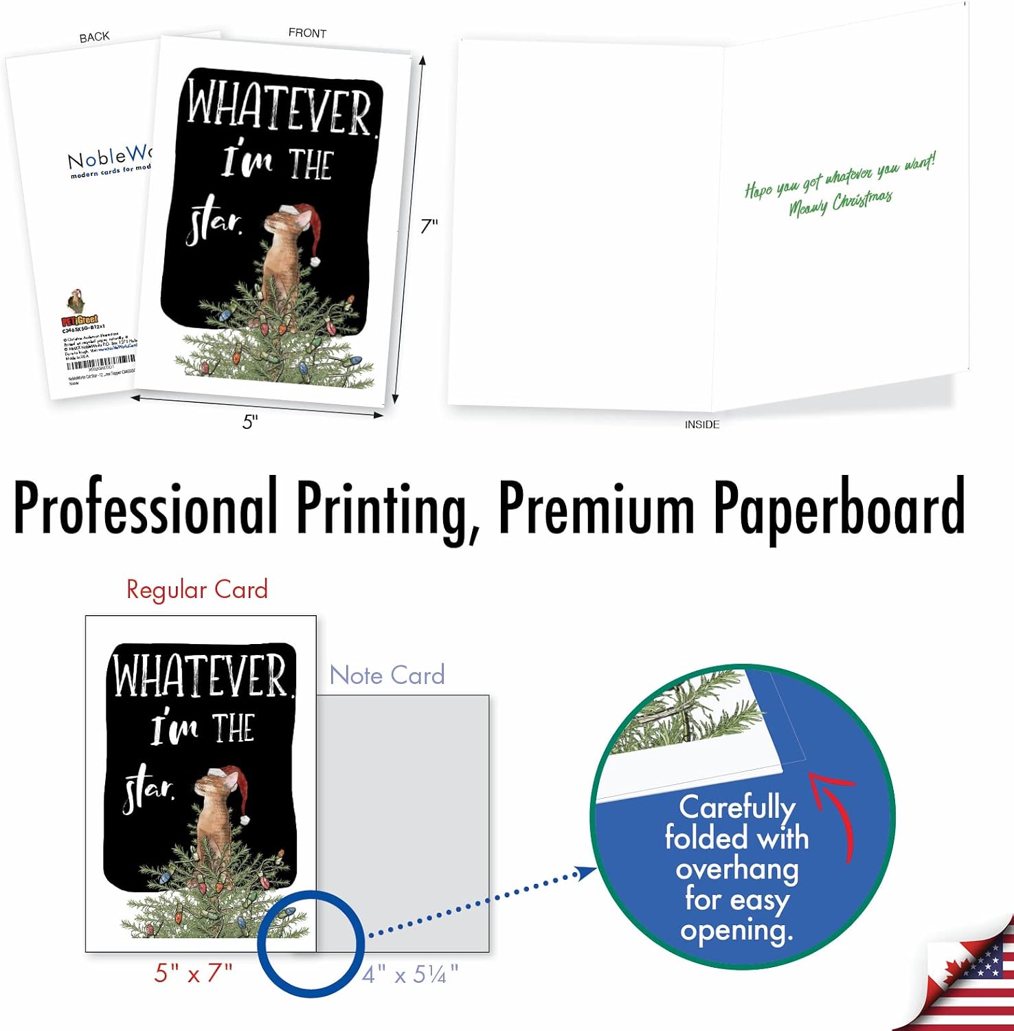 NobleWorks - 12 Funny Animal Christmas Cards - Pet Holiday Humor, Bulk Boxed Notecards with Envelopes (1 Design, 12 Cards) - Cat Star C3465XSG-B12x1