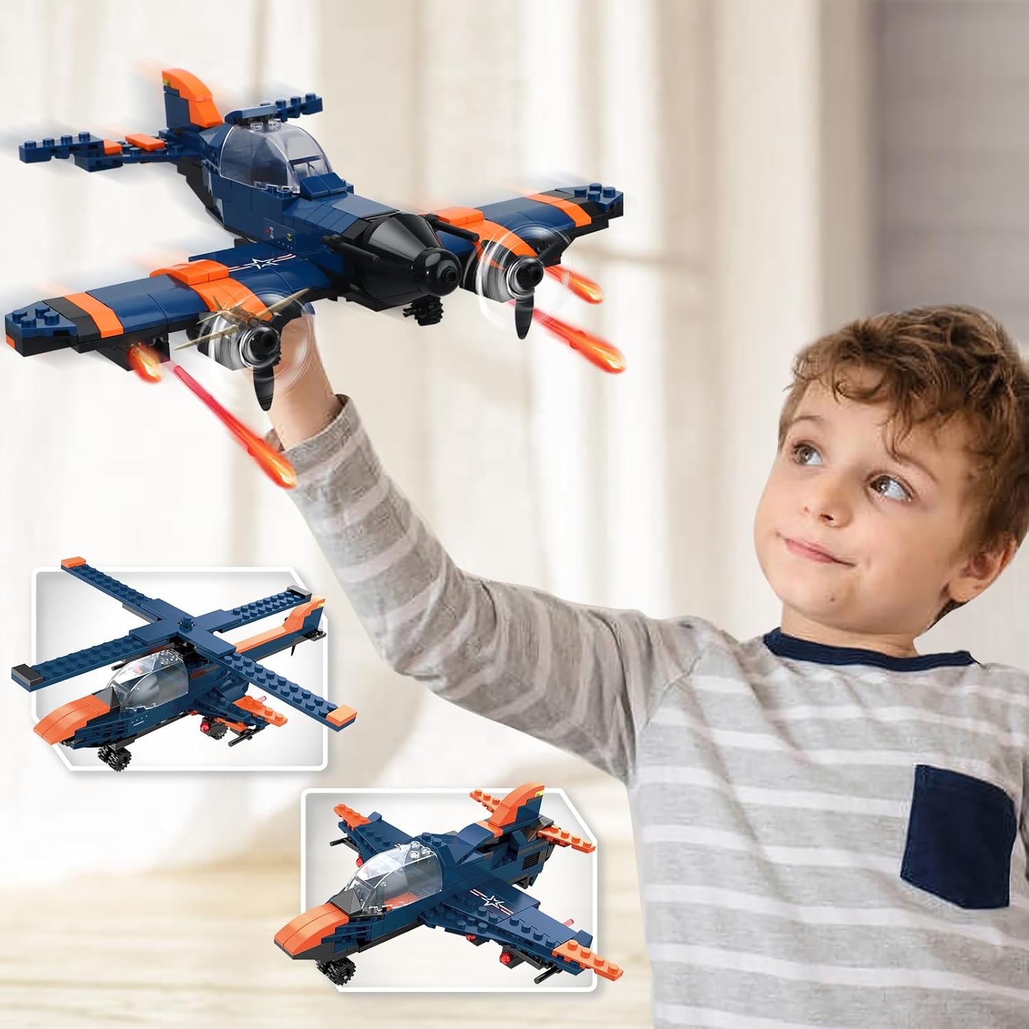 Close-up of the COGO Creator fighter plane model, highlighting the cockpit, rotating propellers, and missile launchers.