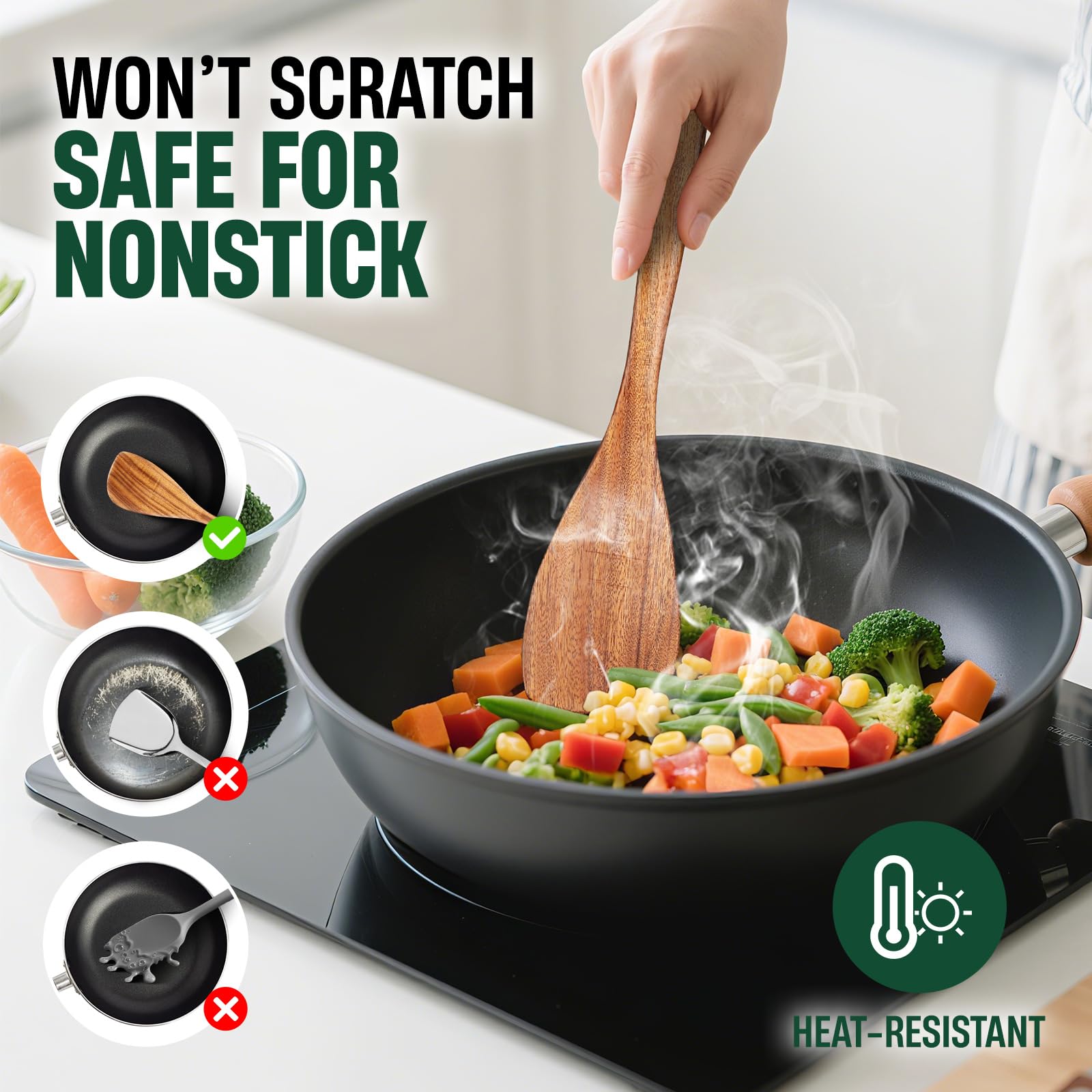 Bkiok Holzlöffel zum Kochen, handgefertigtes Holzutensilien-Set, natürliches Teakholz, Antihaft-Kochlöffel für die Küche (6 Stück)