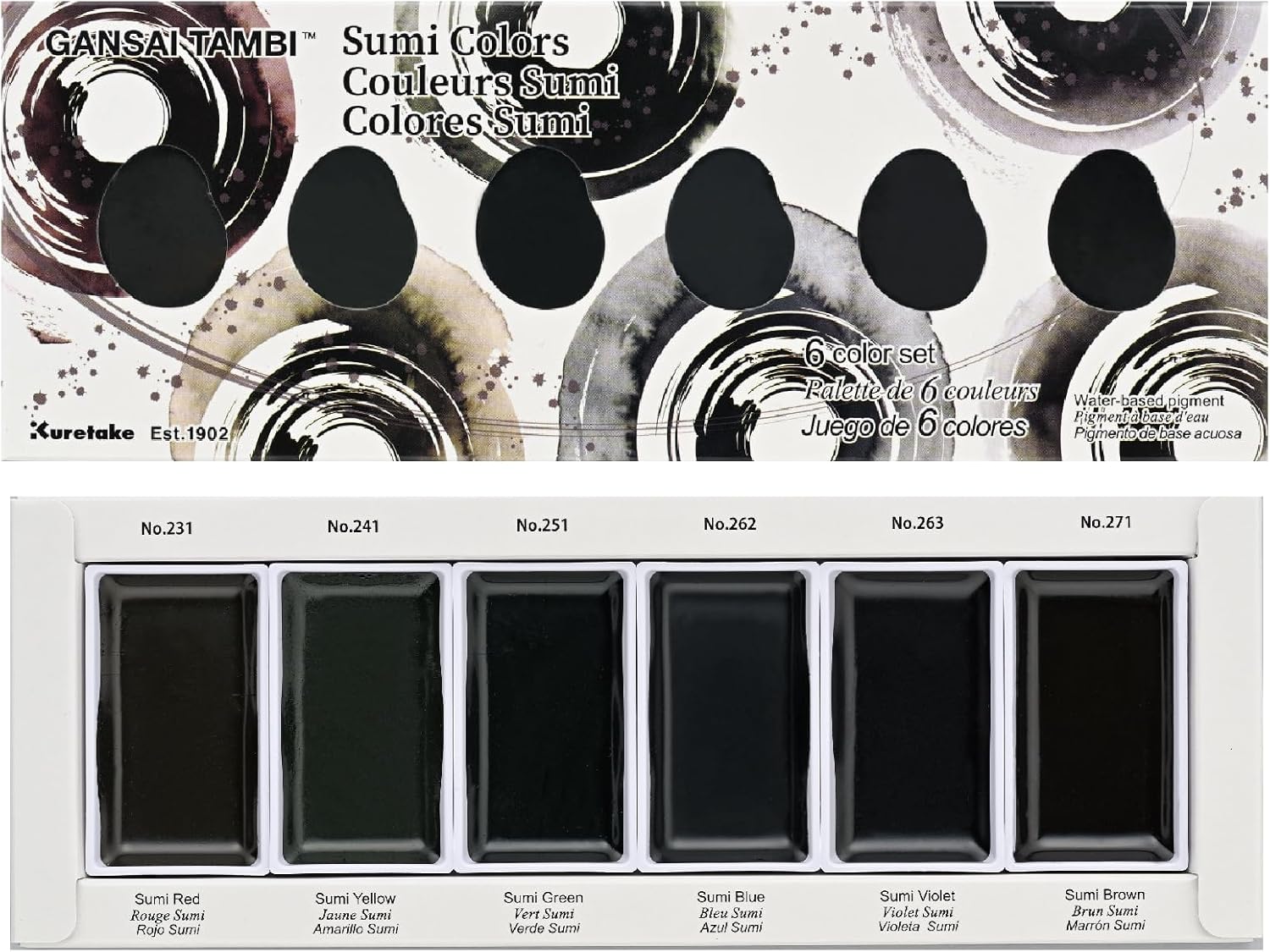 Kuretake GANSAI TAMBI SUMI Colors 6 Colors Set, Watercolor Paint for Professional, for Calligraphy, Illustrations, Drawing, Black Ink, Made in Japan