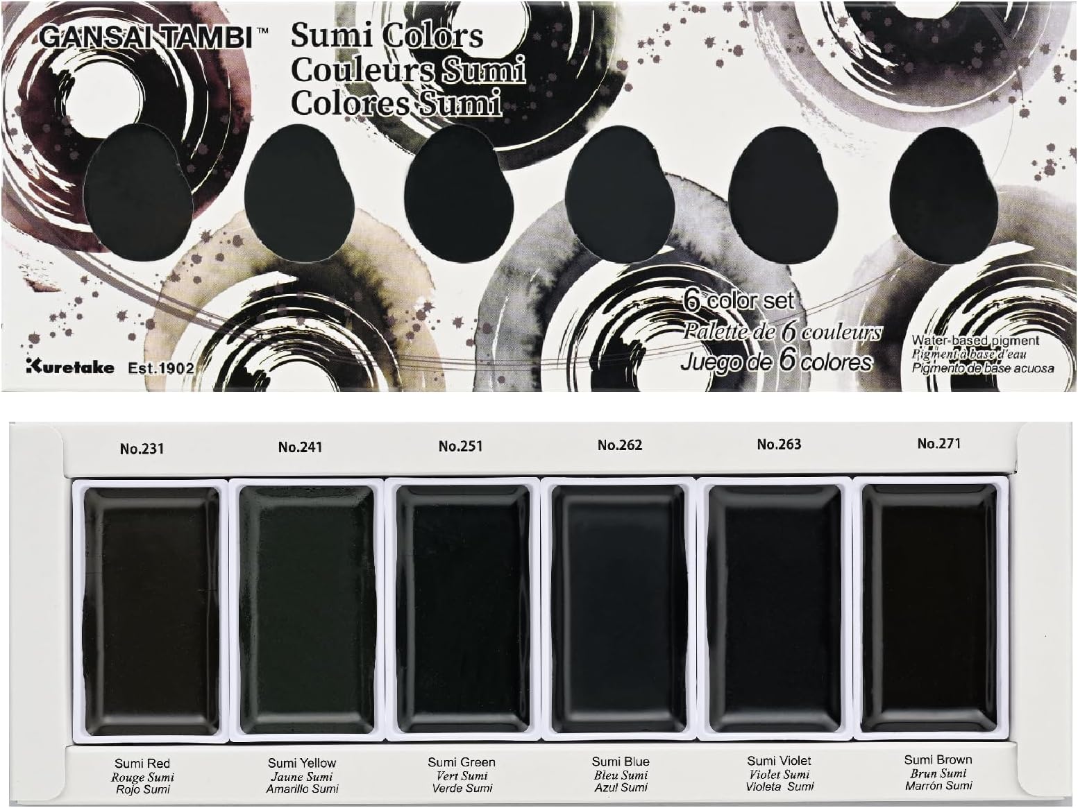 GANSAI TAMBI SUMI Colors 6 Colors Set, Watercolor Paint for Professional, for Calligraphy, Illustrations, Drawing, Black Ink, Made in Japan