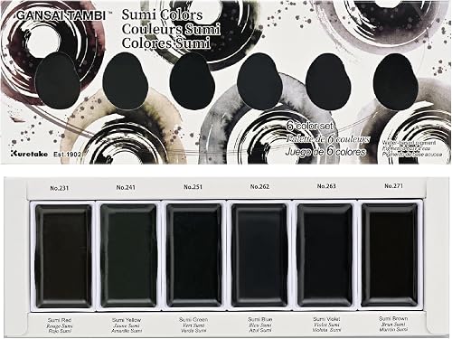 Kuretake Gansai Tambi SUMI Colors, 6 Color Set, Watercolor Paint set, Ideal for Calligraphy, Illustrations, Brush Lettering, Fineart and more, Black Sumi Ink color, Made in Japan, MC20SU/6V