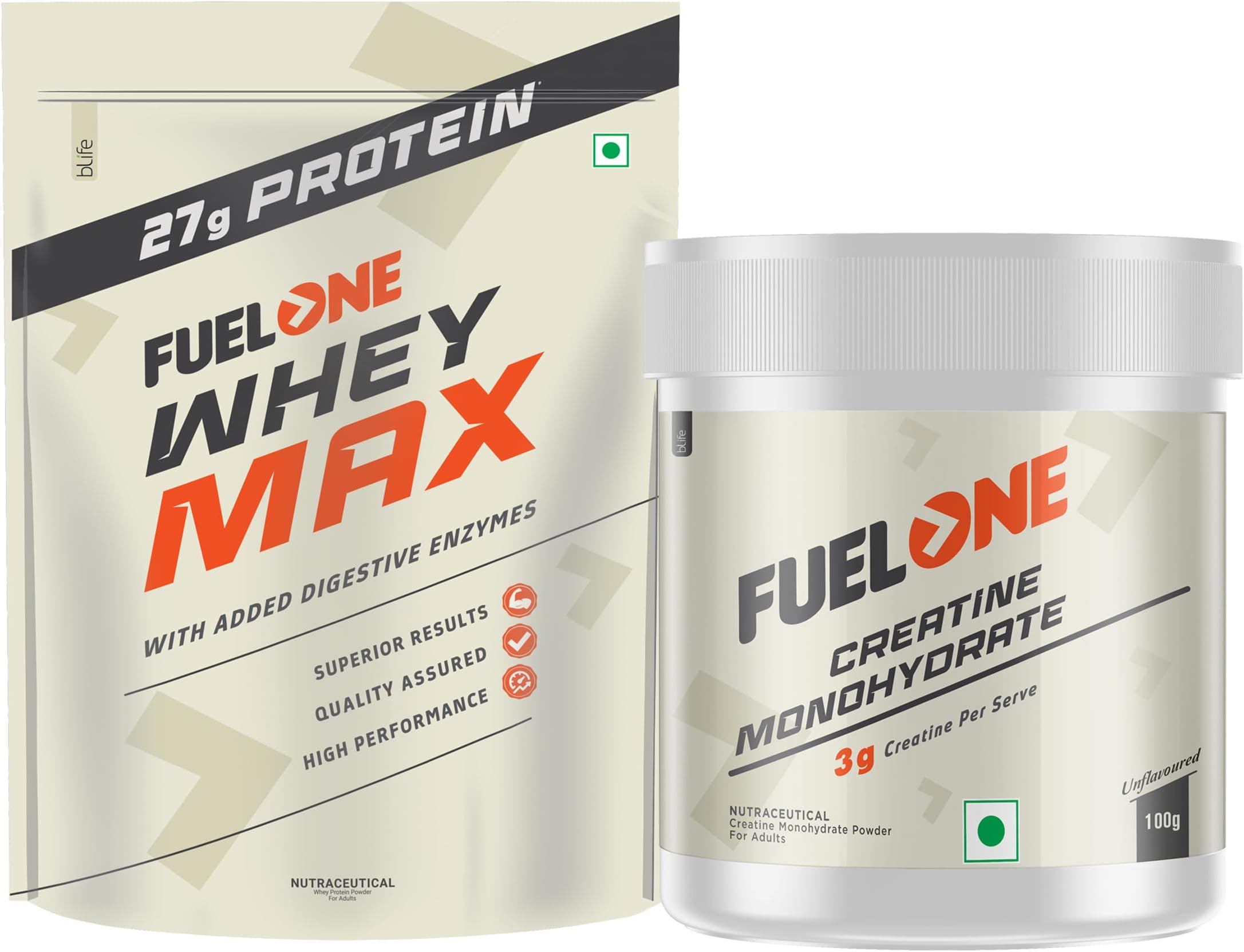 FUELONE Whey Max, Whey Protein Concentrate & Whey Protein Isolate, 27G Protein (Mango, 1Kg / 2.2Lb) & Creatine Monohydrate 100G (Unflavoured, 33 Servings)