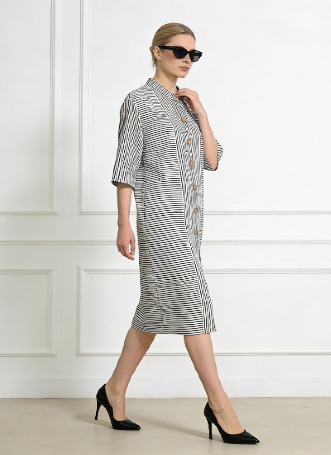 Shirt Dresses for Women Casual Striped 3/4 Sleeve Button Down Mini Dress Summer Vacation Beach Blouse Tops - Image 4