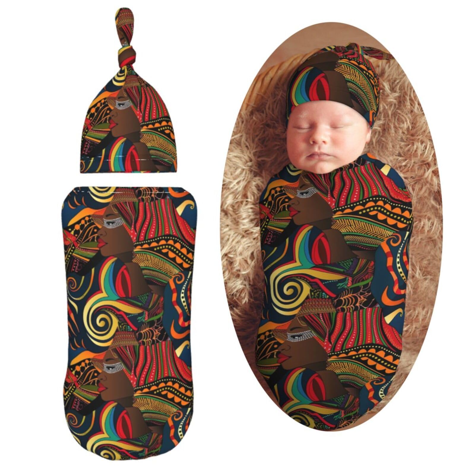 Art African American Woman356 Newborn Swaddle Blankets Hat Sets Soft Baby Receiving Blanket Swaddle Sack for Baby Shower Infant Boy Girl Gift