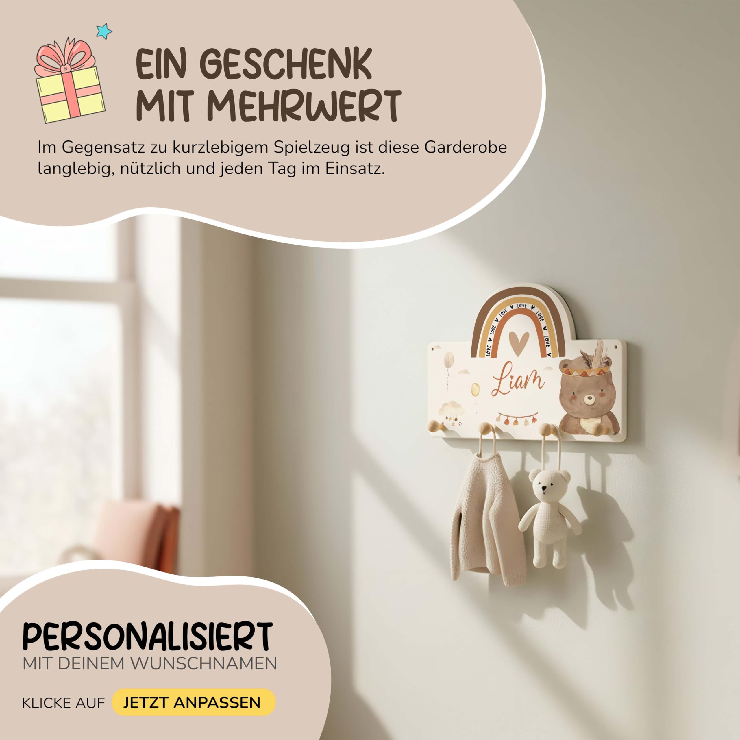 Kidsmood - Kindergarderobe Personalisiert mit Namen - Wandgarderobe mit 4 Hacken aus Holz inkl. Dübel & Schrauben - Garderobe für Baby & Kleinkinderzimmer - Geschenk zur Geburt & Taufe [40x27,5 cm]