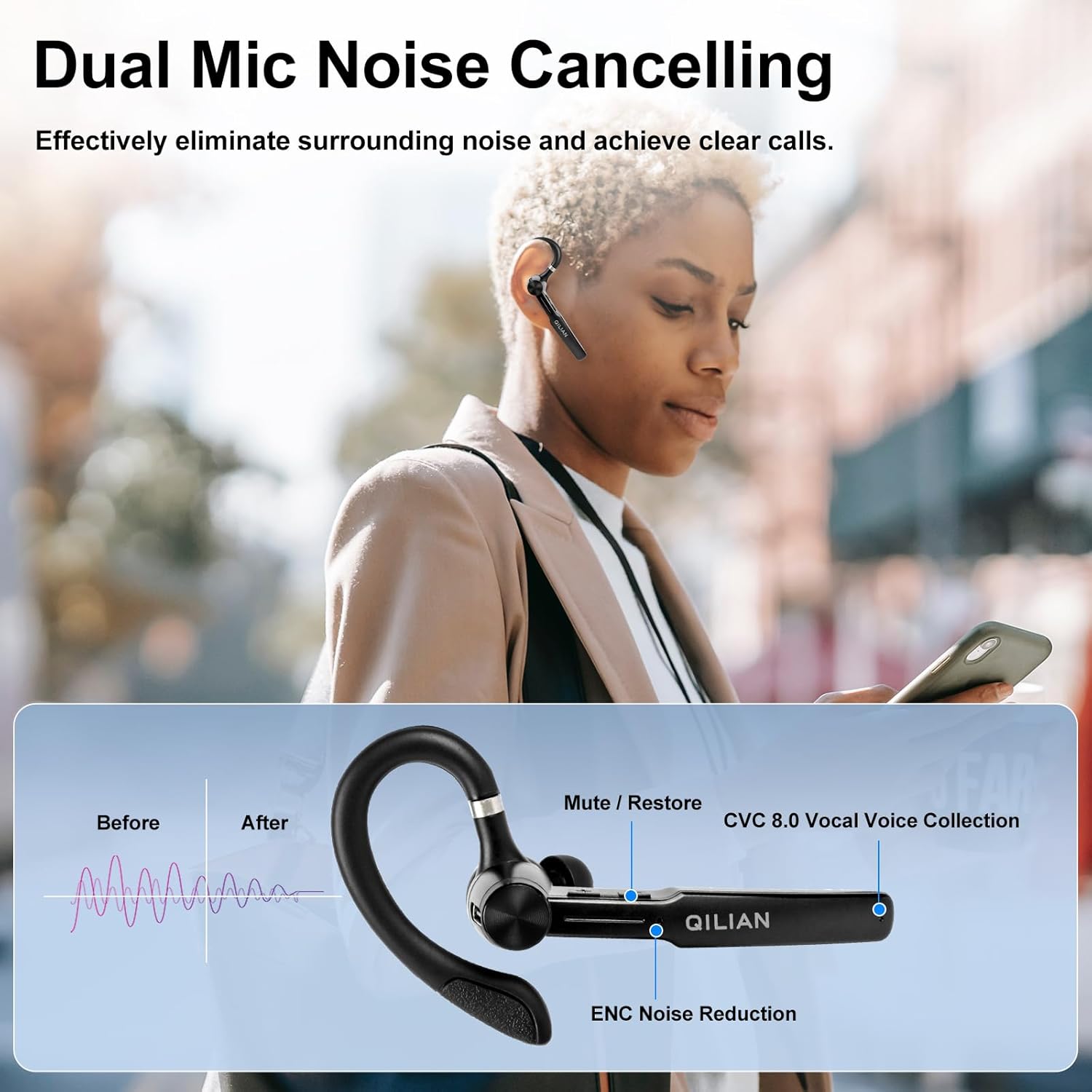 Single Ear Bluetooth Headset with 110Hrs Talk Time, Wireless Earpiece with Dual Noise Canceling Mic & 500mAh Charging Case, Bluetooth 5.3 Hands Free Headphones for Business/Office/Driver Work - Image 4