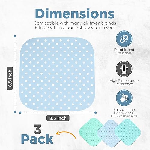 Miniatura 2 de Forros cuadrados de silicona para freidora de aire, lavables y reutilizables, paquete de 3 (8.5 x 8.5 pulgadas), forros cuadrados para freidora de