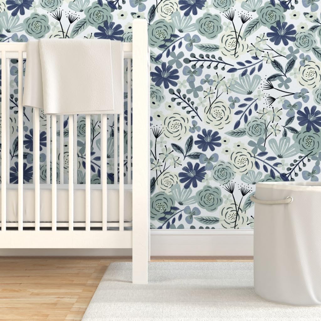 Spoonflower Removable Wallpaper Swatch - Blue Boho Floral Sage Green Floral Wilderness Large Scale Navy Custom Pre-Pasted Wallpaper
