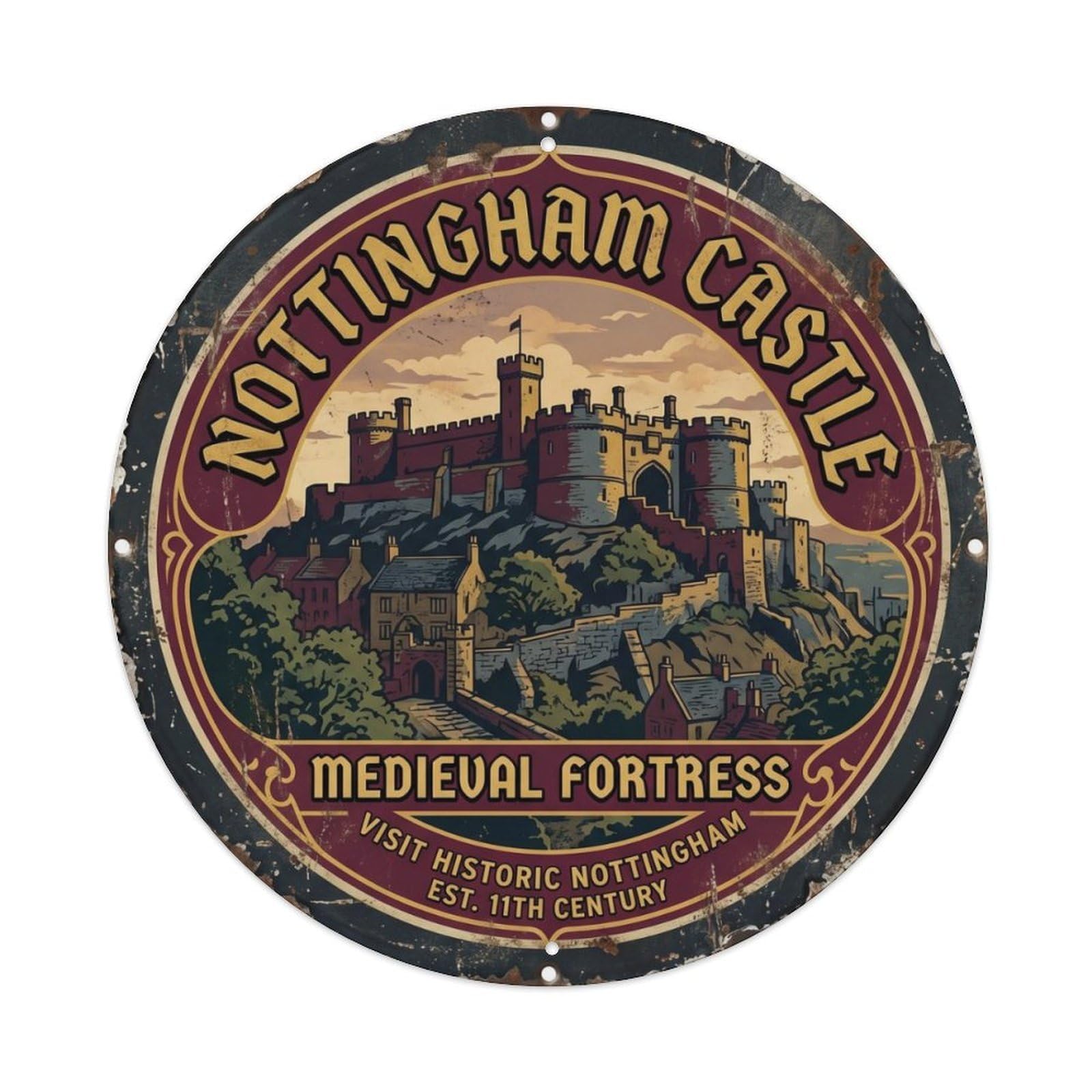 Fqcyn Style Vintage Travel Nottingham Castle Heritage Metal Tin Sign Plaque Wall Decor For Cafe, Club Bar, Office, Home Garden Round Metal Poster 8X8inch