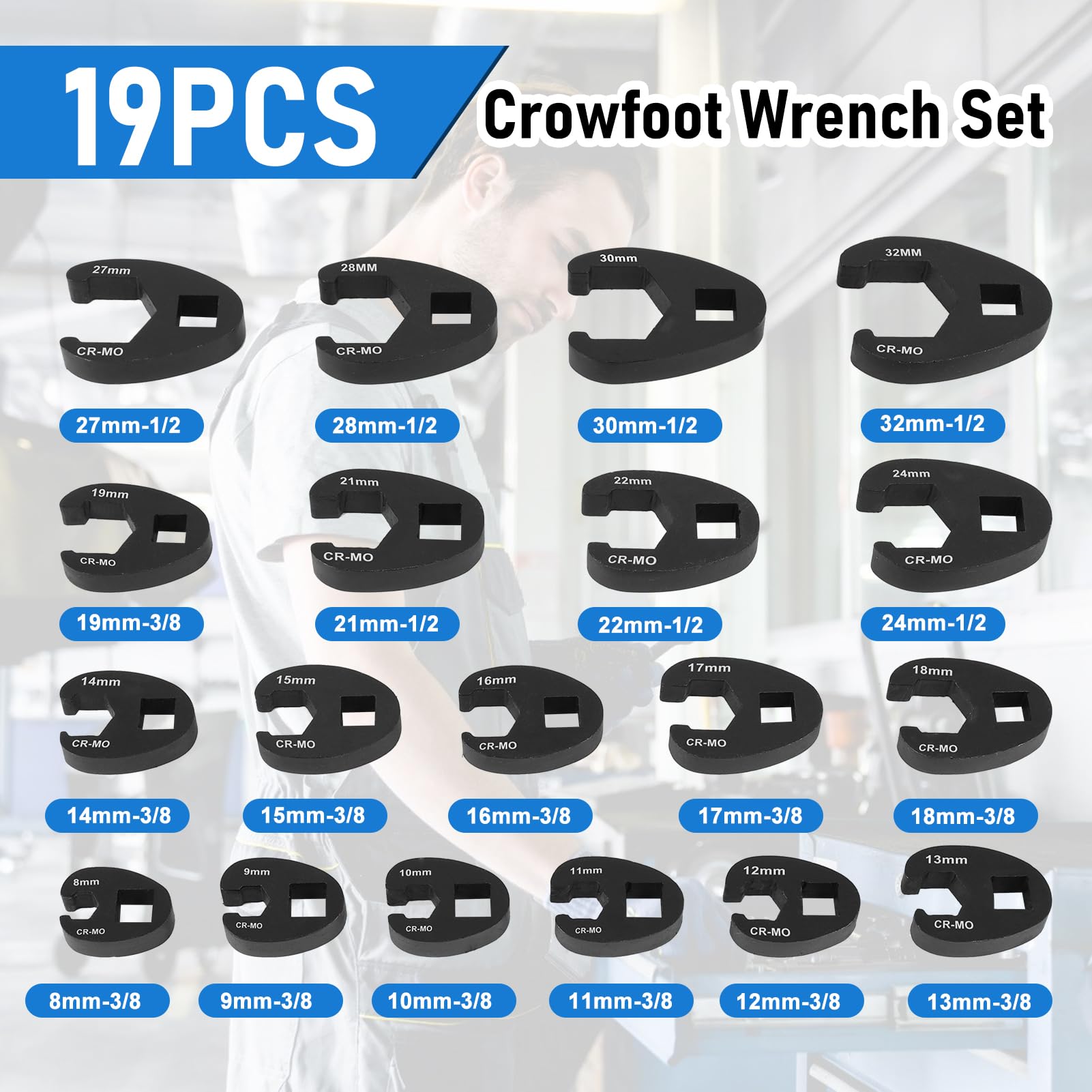 19 PCS Crowfoot Ensemble de Clés, Ensemble de Clé à Fourche à Emmancher 1/2" 3/8", Entraînement Extérieur Carré Clé, 8-32mm Drive Métrique Coffret de Douilles à Tuyauter, Clé à Écrou Évasé