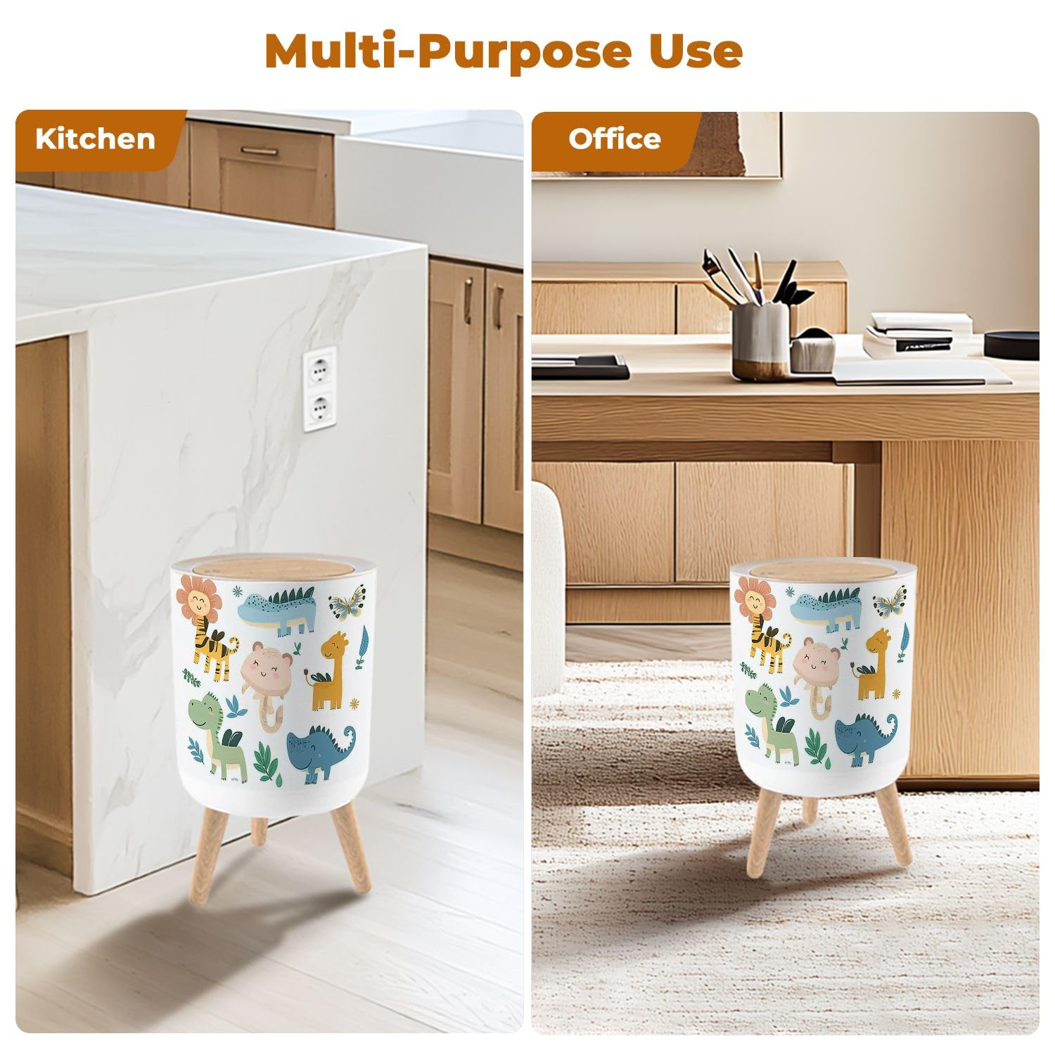 Trash Can with Lid Cute Wild African Animals Including Lion Giraffe Elephant Garbage Can Round Waste Bin Press Cover Dog Proof Wastebasket for Kitchen Bathroom Living Room Nursery 1.8gal