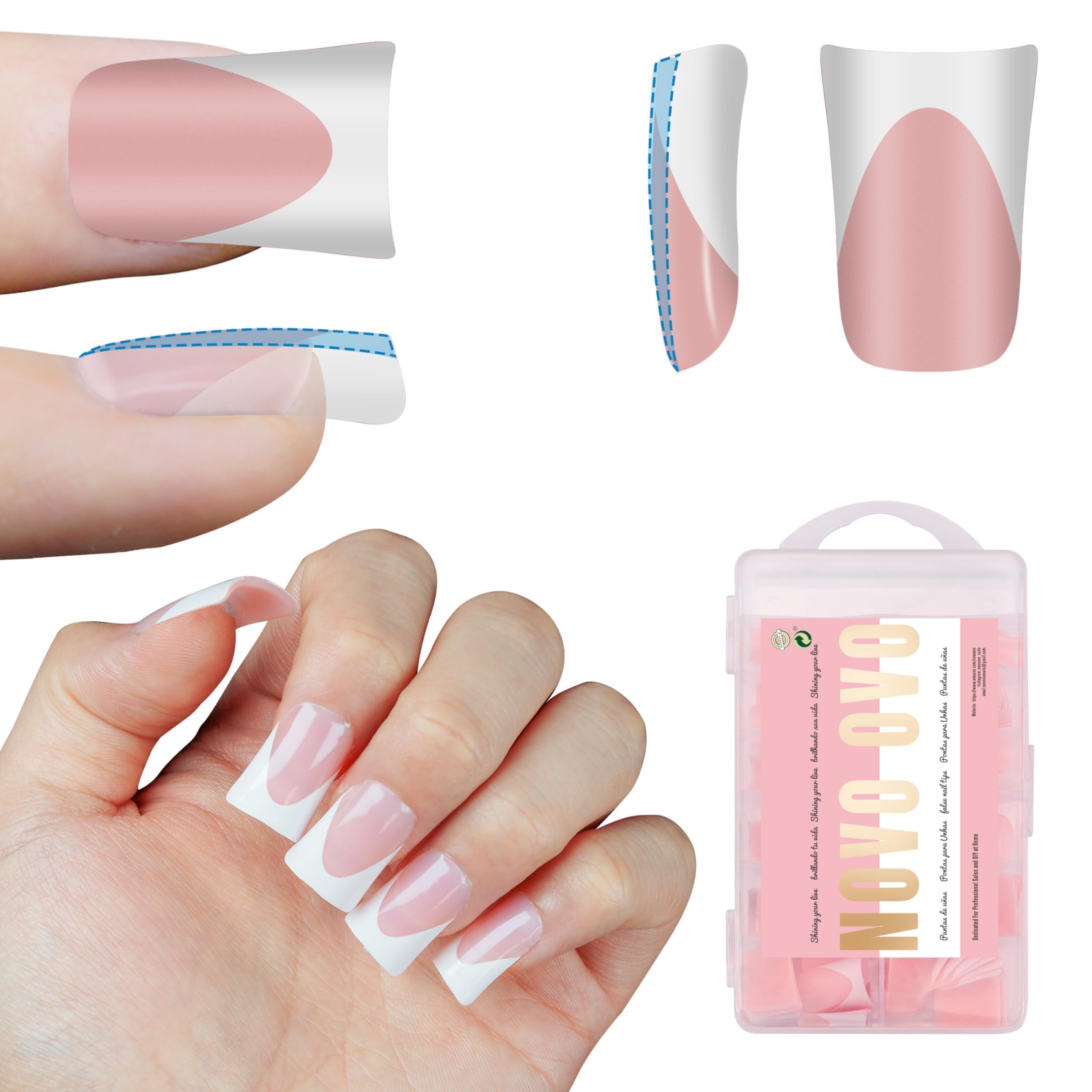 NOVO OVO White French Tip Short Duck Nail Tips Press on, BABY PINK Pre-designed Soft Gel Nail Extension, Extra thick Full Cover Matte Vrial False